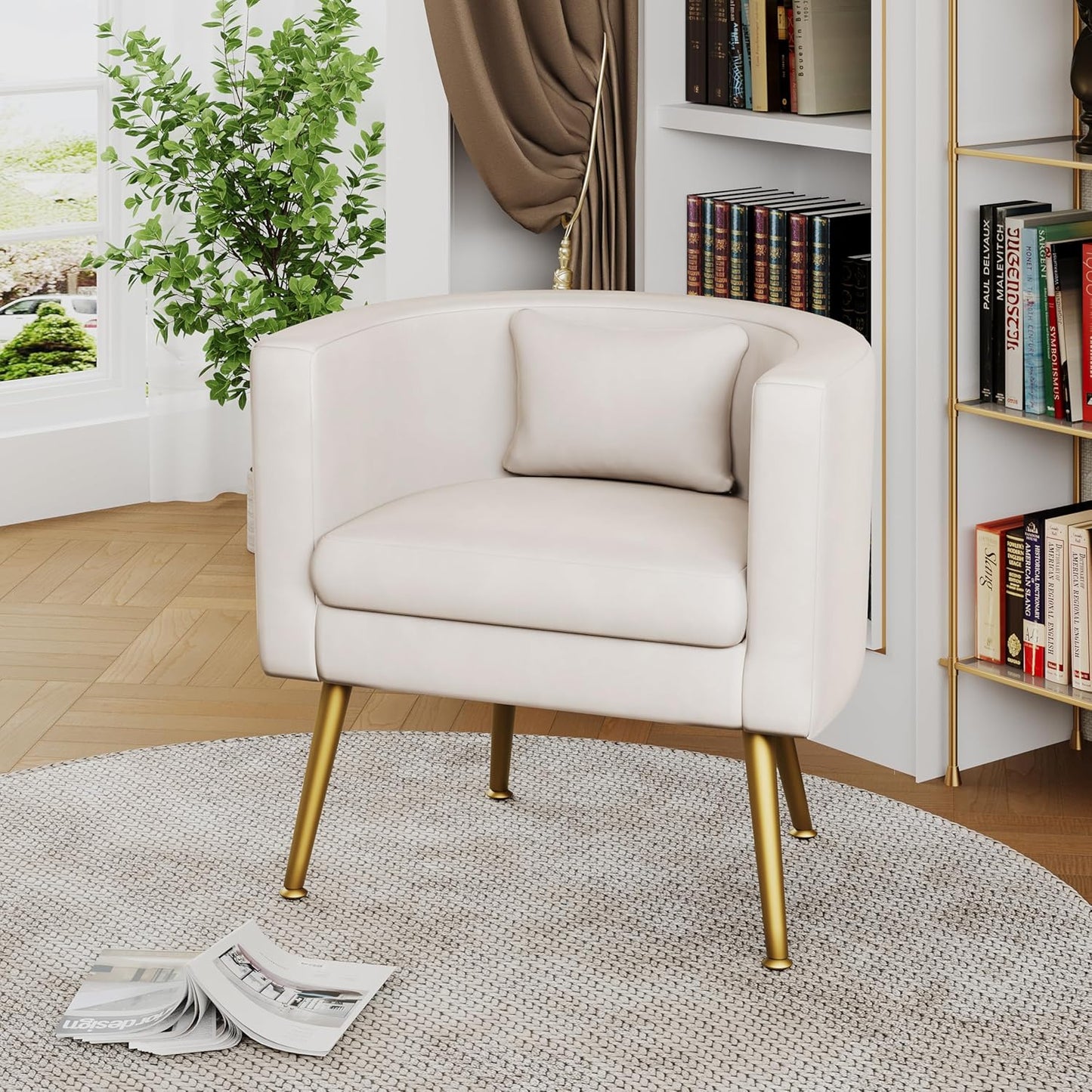 Velvet Accent Chair with Gold Legs Modern Upholstered Barrel Chairs Ivory Armchair for Living Room Bedroom