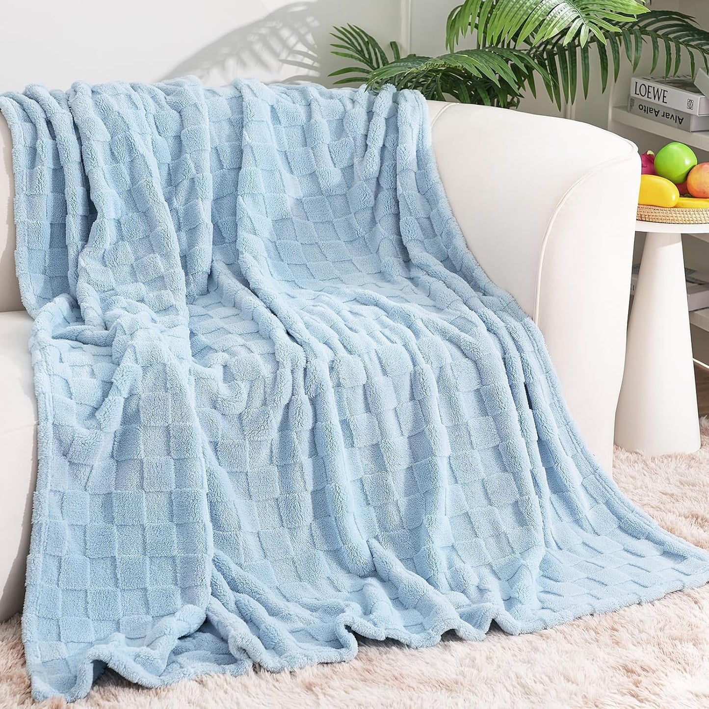 Zyrah Blue Fleece Twin for Couch Super Soft Twin Blanket 3D Checkered Design Lightweight Decorative Fuzzy Cozy Blankets for Sofa Chair Bed 60x80 Inches