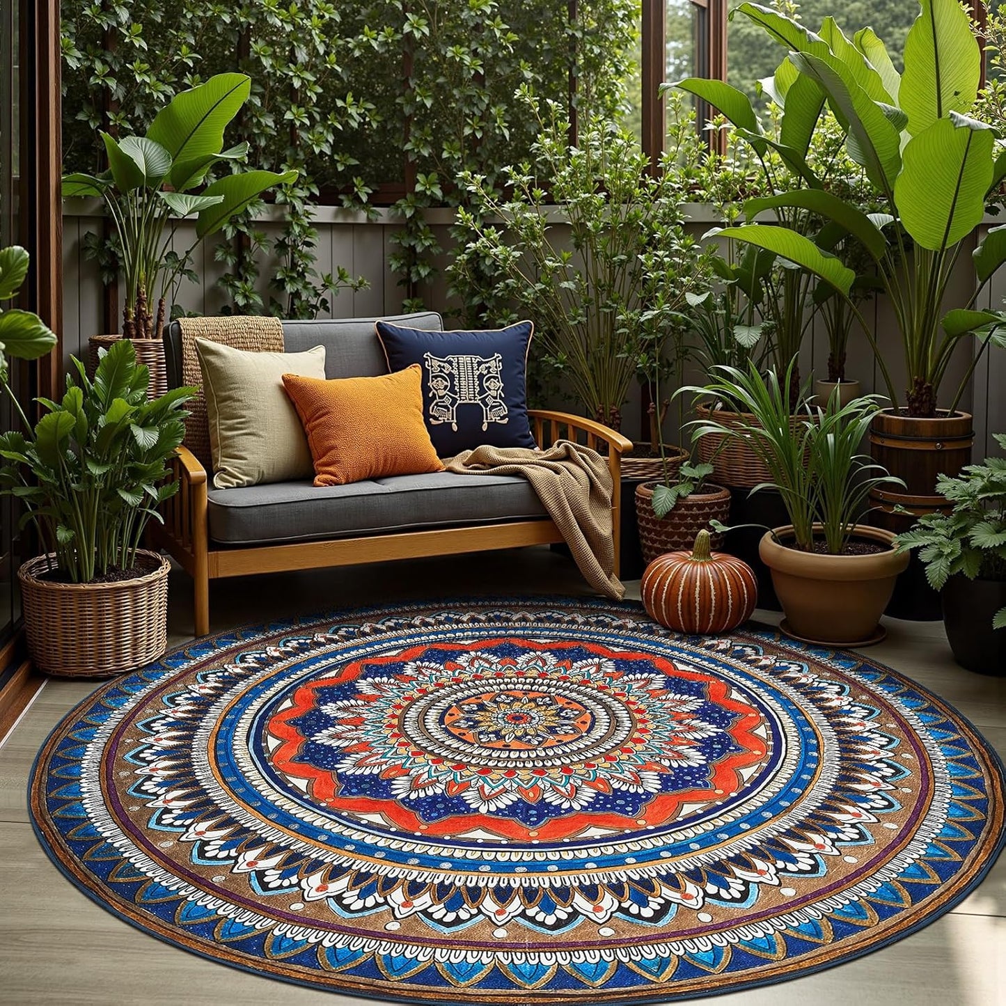 jinchan Mandala Round Rug 8ft Blue Rustic Boho Washable Rug Tribal 8' Round Vintage Peaceful Circle Rug Soft Non Slip Large Low-Profile Carpet for Dining Room Living Room Bedroom Patio, Saffron Blue
