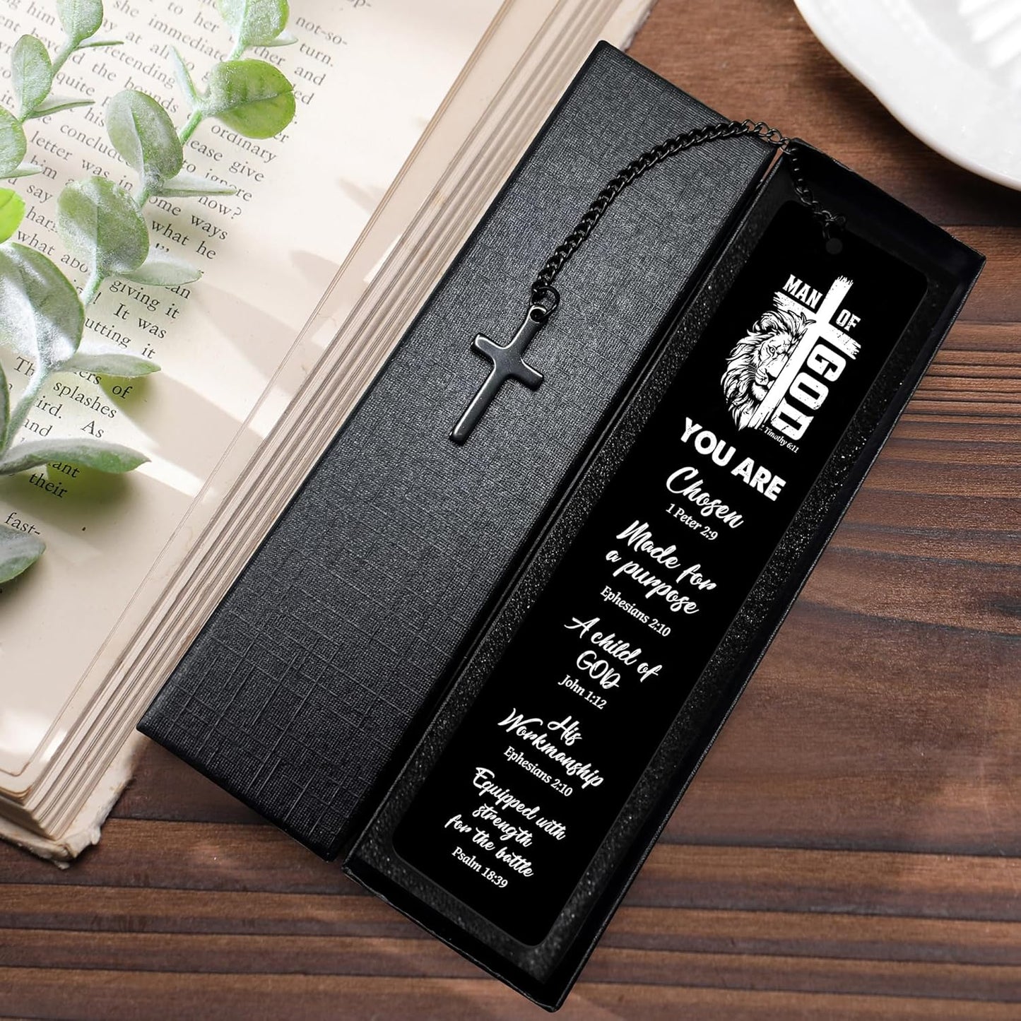 Christian Metal Bookmark Man of God, Black Inspirational Lion Bible Verse Book Mark with Cross Pendant, Religious Scripture Verse Bookmarks for Man Accessories Birthday Church Baptism Gift