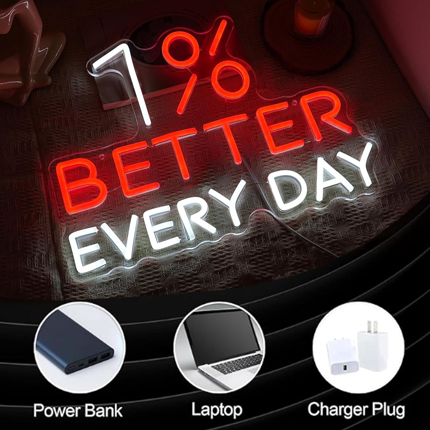 1% Better Every Day Neon Sign Red Better Light up Sign Decor Dimmable Inspirational Word Neon Light Sign for Classroom Office Bedroom Living Room Cafe Bookstore Gym Birthday Party Gift