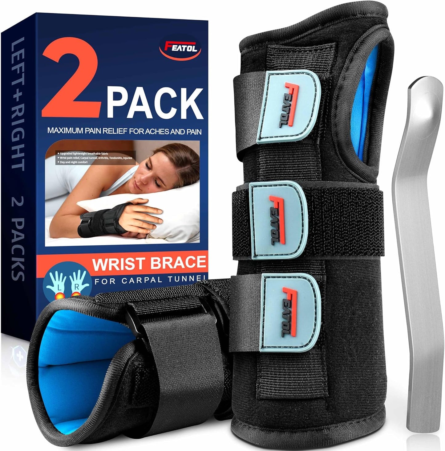 FEATOL 2 Pack Blue Black Wrist Brace for Carpal Tunnel - Pain Relief for Sprain, Arthritis, Tendonitis, Injuries, Wrist Pain, Cockup Wrist - Wrist Brace Night Support Both Hand with Removeable Splint - For Men & Women Small/Medium Size