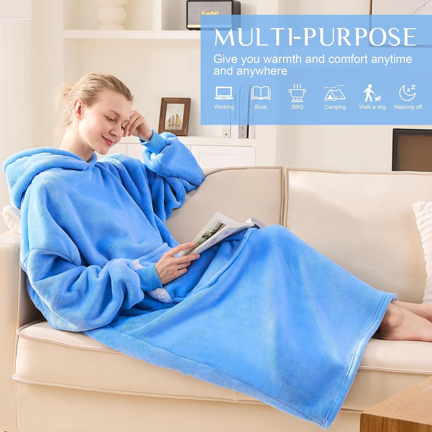 Wearable Blanket Hoodie, Birthday Christmas Gifts for Women Mom Girlfriend, Oversized Cozy and Giant Flannel Sherpa Hooded Sweatshirt Blanket with Hood Pockets & Sleeves, Extra-Long, Blue