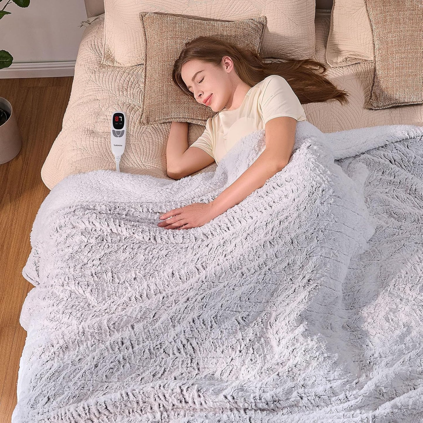 Electric Blanket Heated Twin 62"x84", Bed Blanket Clearance with 9 Heat Levels & 1-10H Timer, Silky Faux Fur, Fluffy Cozy Machine Washable Bedding, Gifts for Mom Dad (Brushed White)