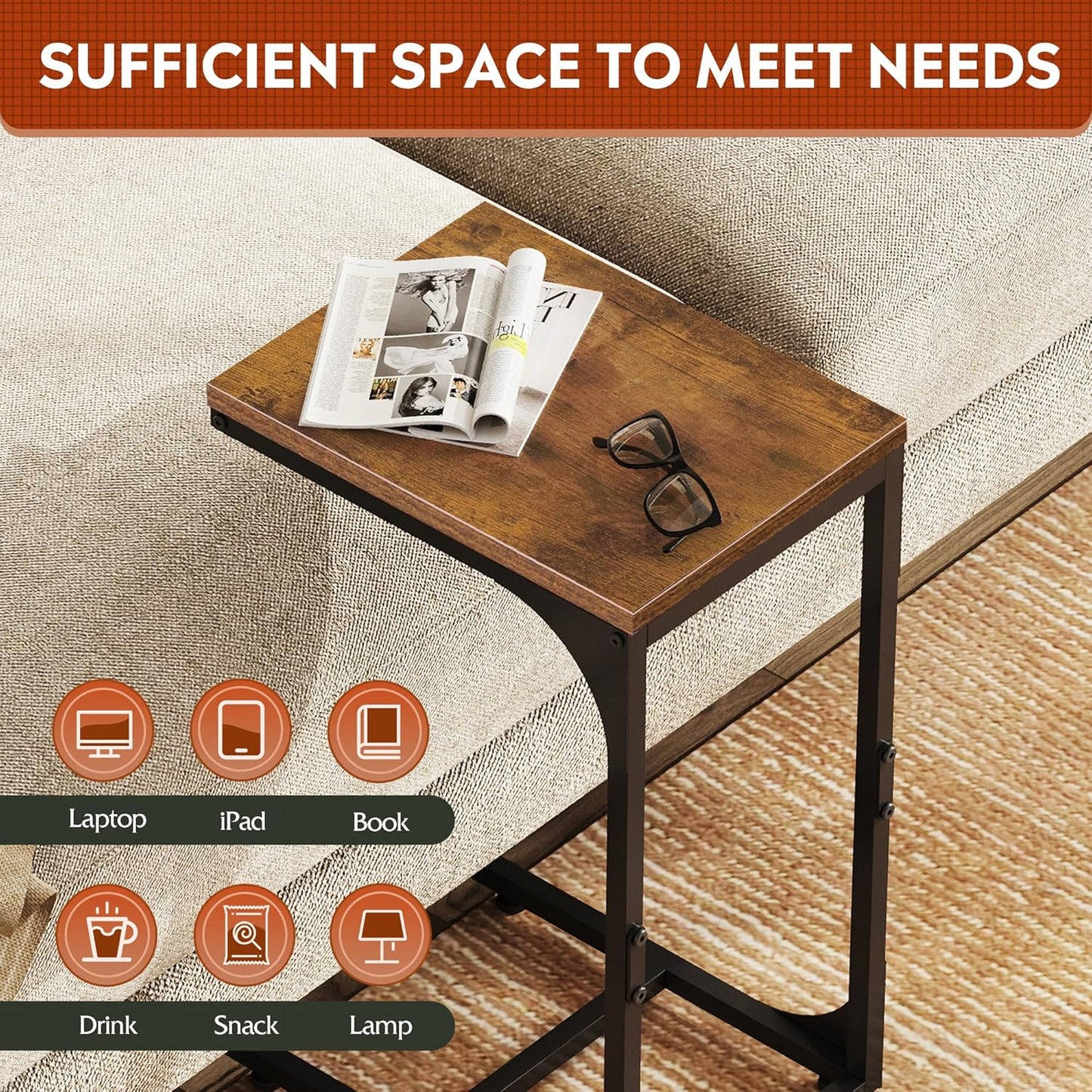 WLIVE C Shaped End Table, Small Couch Side Tables with Metal Frame That Slide Under, Sofa Table TV Tray for Living Room, Bedroom, Rustic Brown