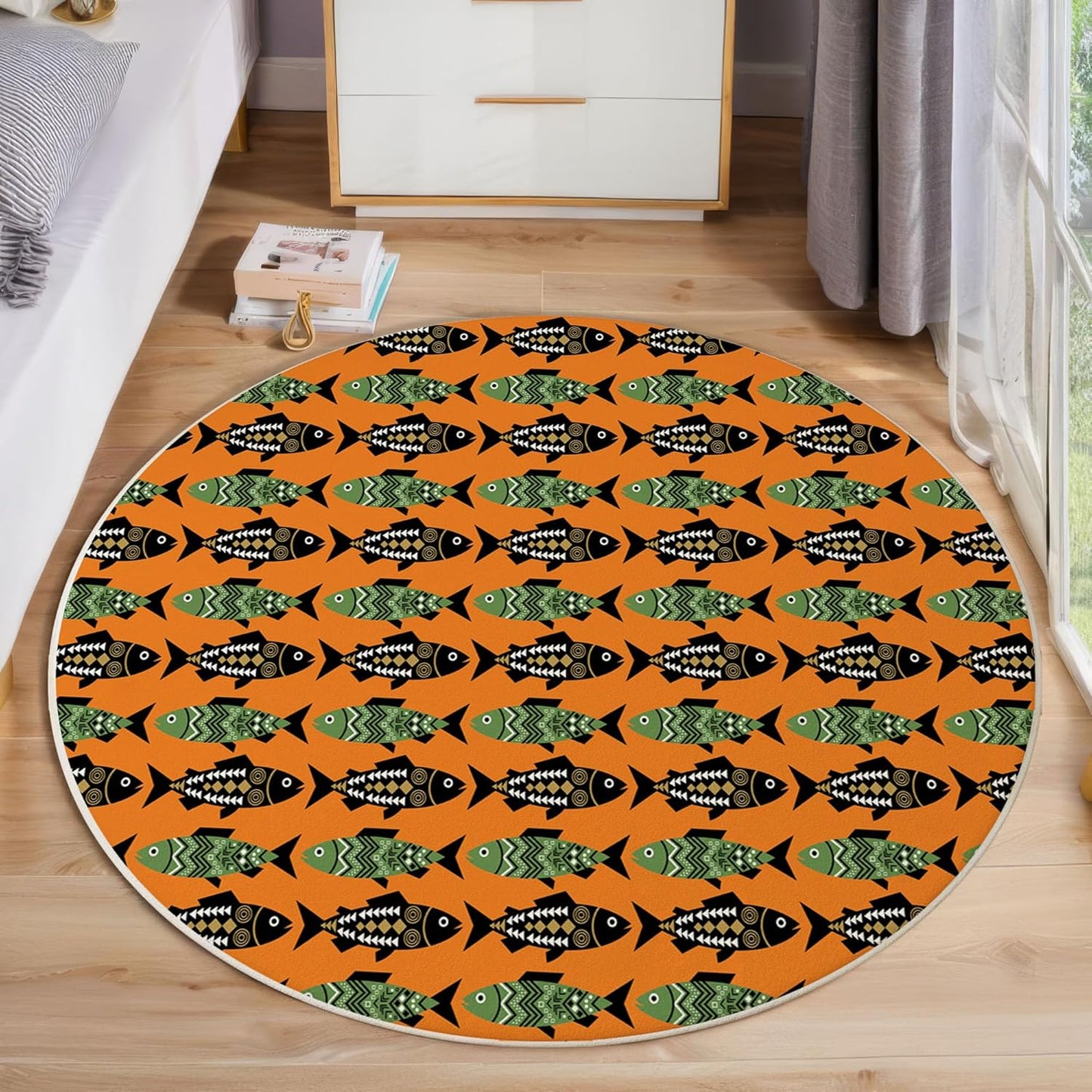 6Ft Round Washable Rug - Large Area Rug for Living Room Dining Room, Orange Soft Bedroom Carpet with Tribal-Style Fish Poster Pattern, Geometric Animals Décor, Low Pile Stain Resistant