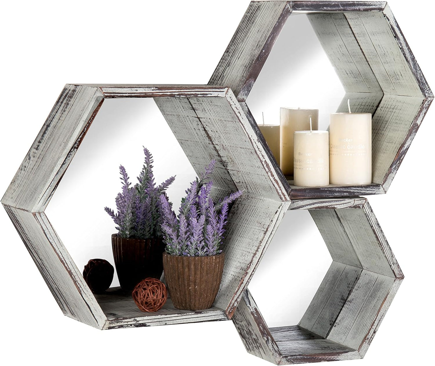 MyGift Wall Mounted Floating Shelves, Solid Torched Wood Hexagon Display Shelf Wall Decor with Mirrored Backing, 3 Piece Set