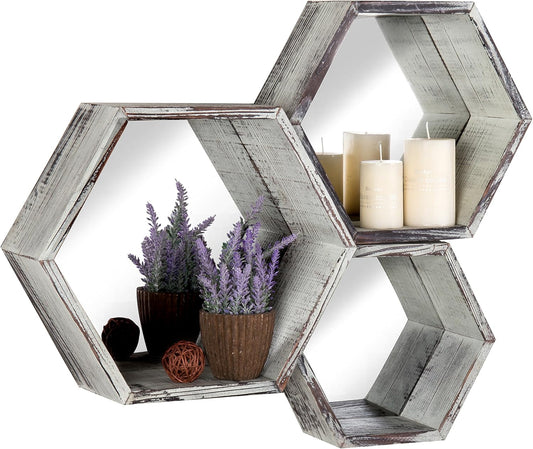 MyGift Wall Mounted Floating Shelves, Solid Torched Wood Hexagon Display Shelf Wall Decor with Mirrored Backing, 3 Piece Set