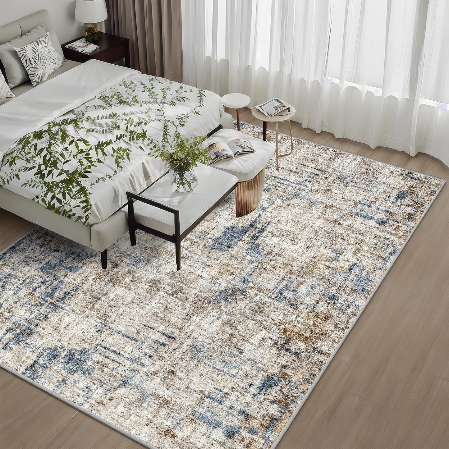 7x7 Square Washable Area Rug, Non-Slip Indoor Rug for Living Room Bedroom Dining Room, Low Pile Stain Resistant Modern Abstract Neutral (Blue Brown)