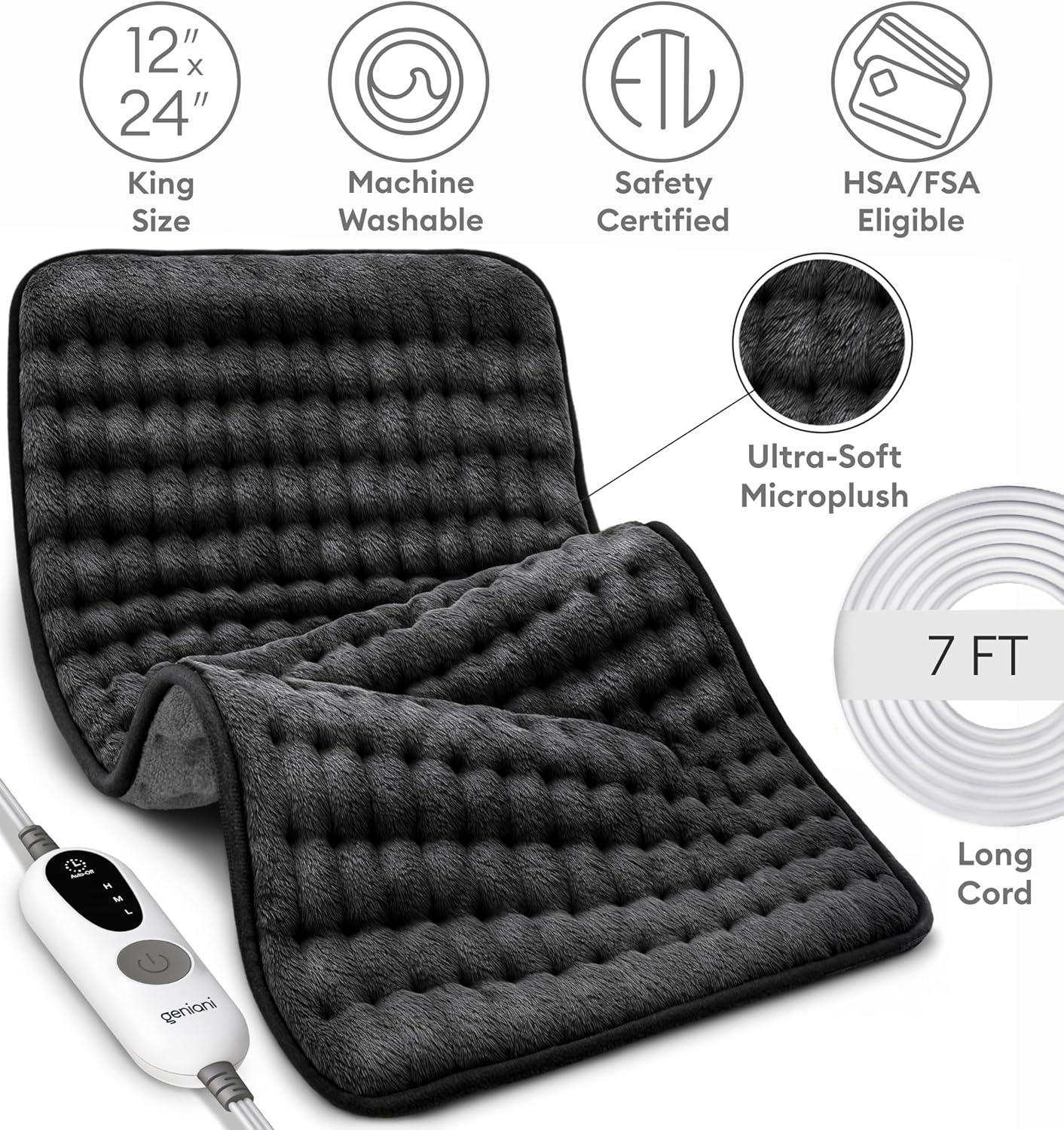 GENIANI Electric Heating Pad for Back Pain & Cramps Relief, Electric Throw, Auto Shut Off, Machine Washable, Moist Heat Pad for Neck & Shoulder - Valentines Day Gifts for Her, (12"x24" Jet Black)