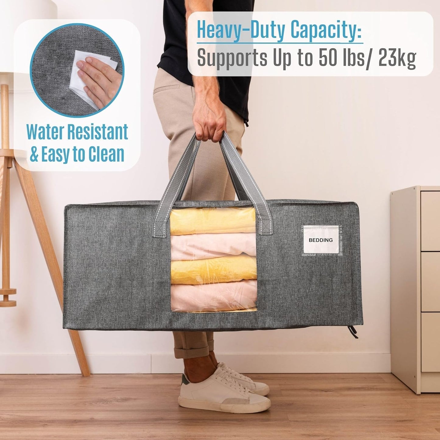 VENO 4 Pack Heavy Duty Moving Bags, Christmas Storage Bins with Lids, Transparent Window Design, Alternative to Moving Boxes, Storage Bags for Clothes, Blankets, Comforters, Pillows (Gray, 4 Pack)