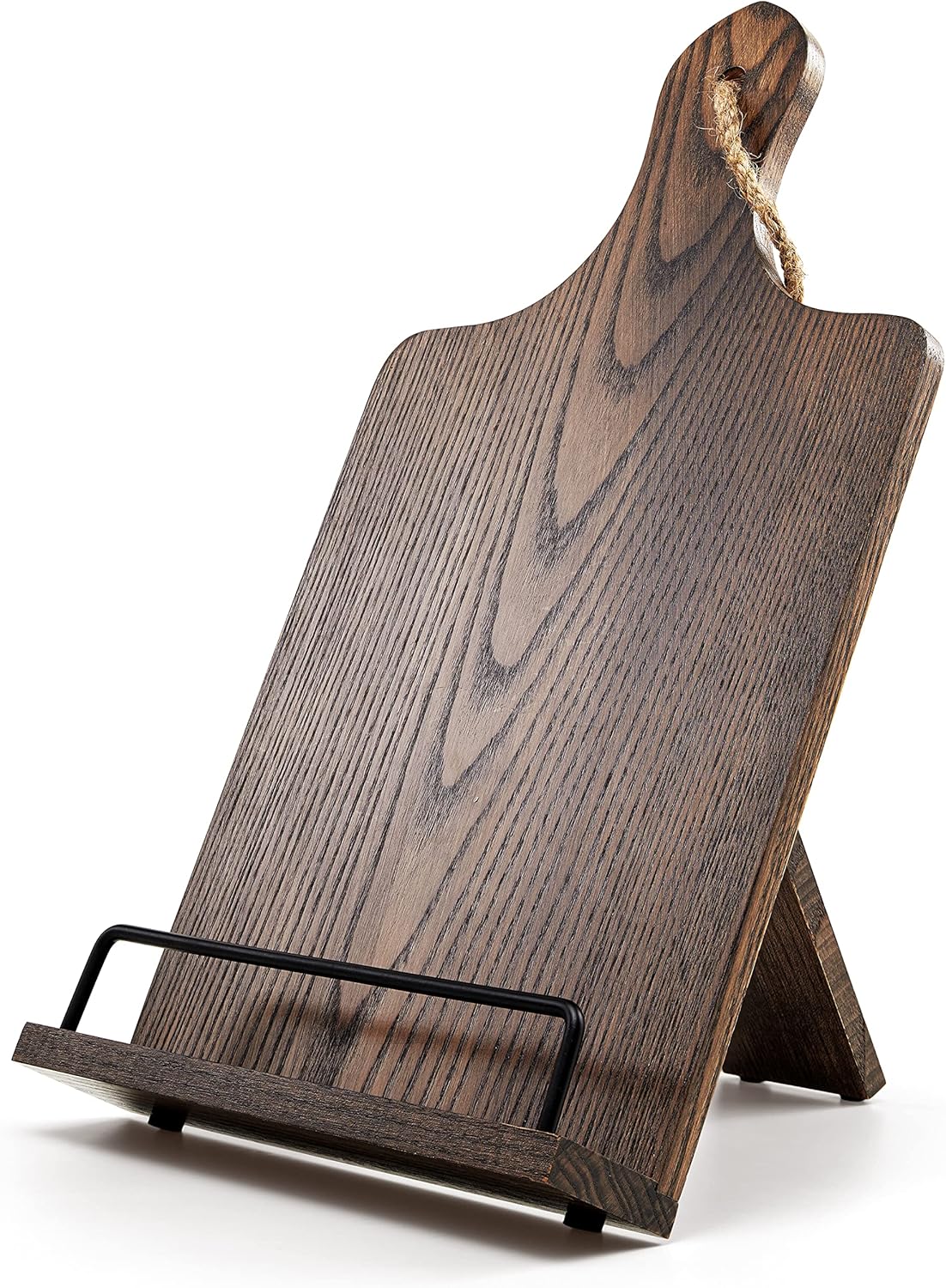 Cookbook Stand, Rustic Wood Cookbook Holder Cutting Board Style, Adjustable Recipe Ipad Tablet Book Holder and Stand for Kitchen with Anti-Slip Kickstand (Dark Brown)