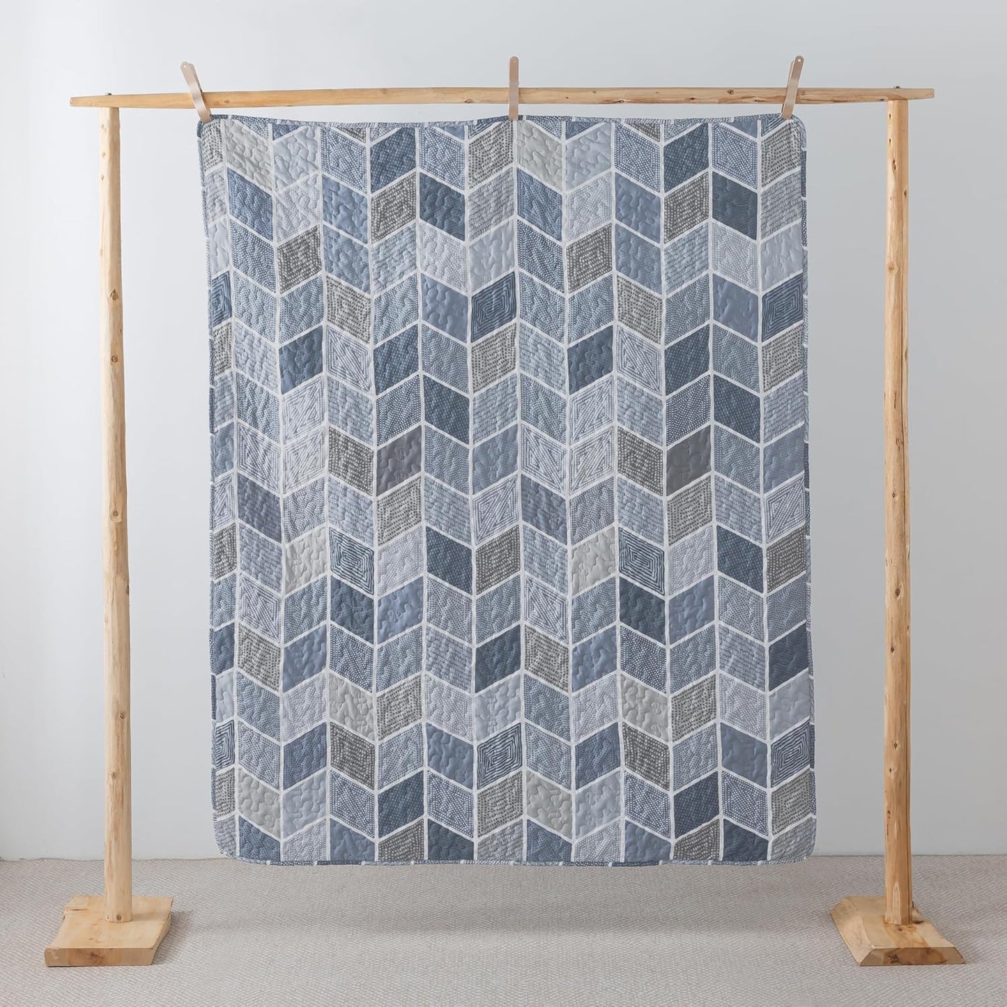 SLPR Heather 50" x 60" Quilted Throw Blanket: Lightweight Chevron Quilt, Cream and Blue Lap Comforter, Zig Zag Farmhouse Coverlet, Summer Quilted Blanket for Couch and Bed