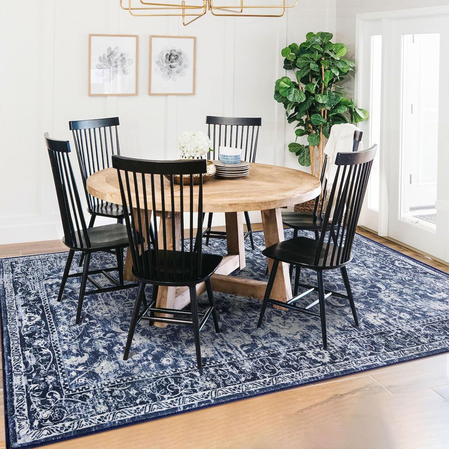KILOCOCO Area Rug 5x7 Living Room Rug Washable Printed Vintage Floral Non Slip Soft Rubber Backed Indoor Bedroom Rugs for Laundry Room Kitchen Playroom Moroccan Area Rugs, Blue