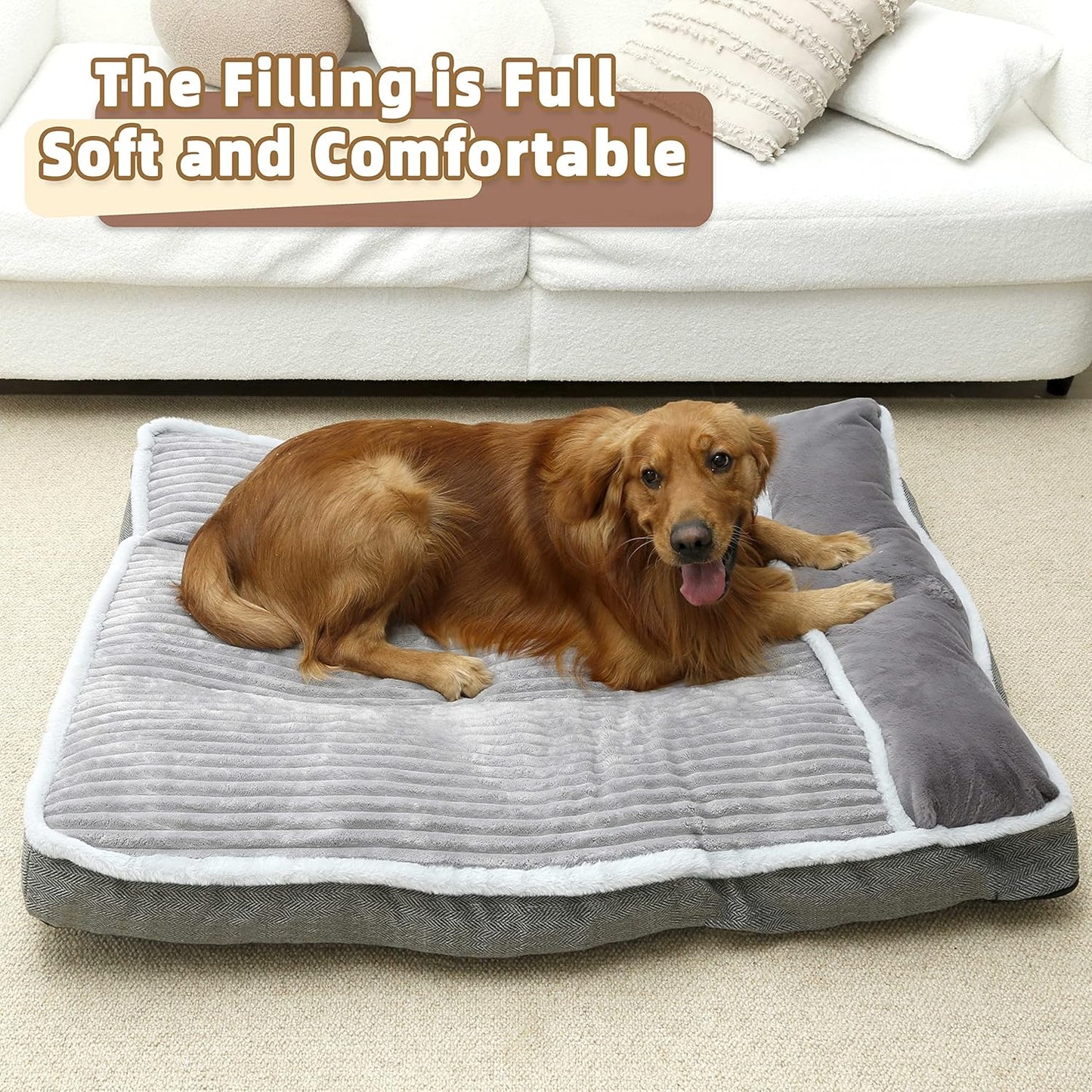 Dog Bed for Large Dogs, Dog Mattress with Pillow for Crate Kennel, Sofa pet Bed, Super Soft pet Bed for Medium, Jumbo, Small Dogs Breeds Grey, Medium:(31"x25"x3")