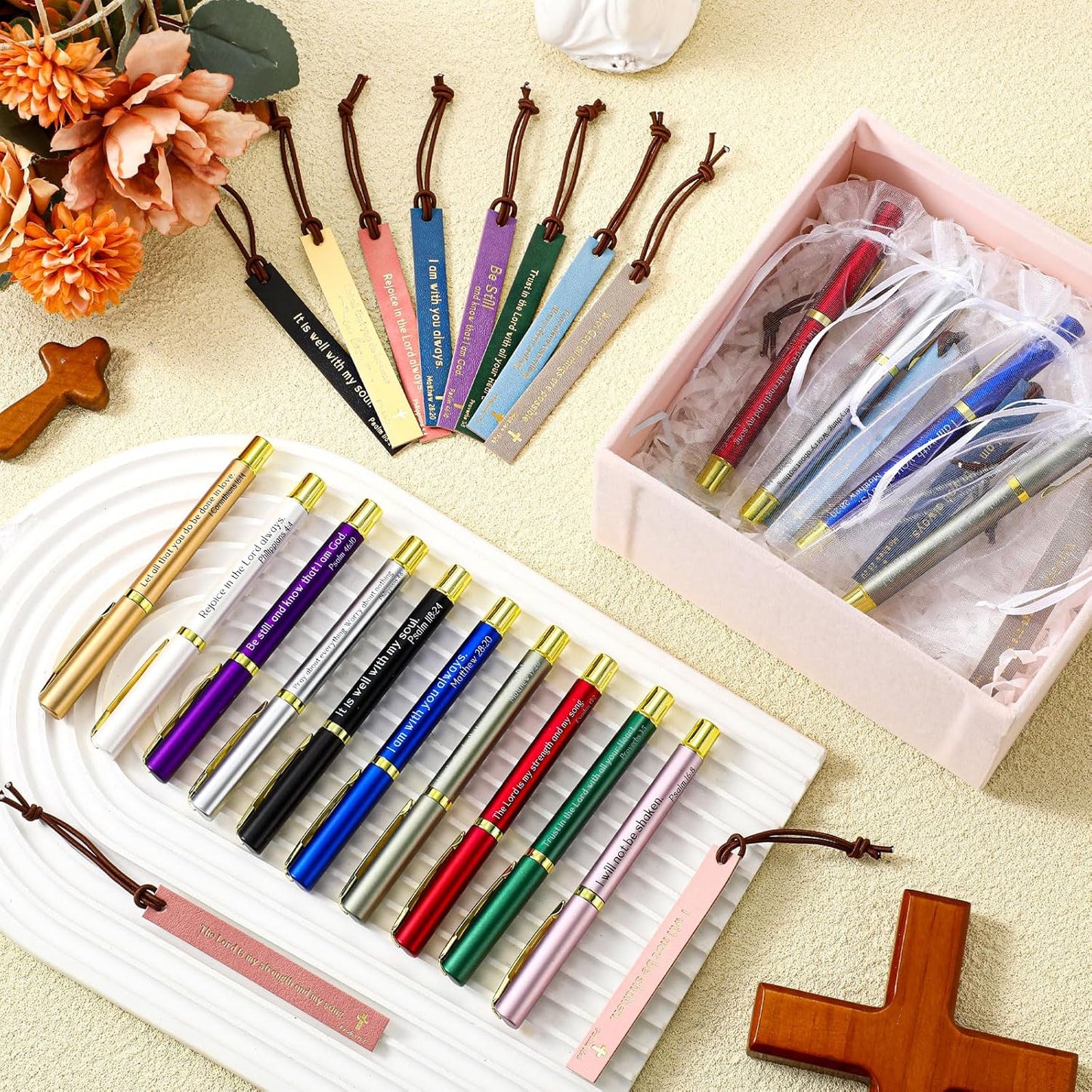 Spakon 50 Sets Christian Gifts for Women, Leather Christian Bookmarks Inspirational Religious Pens Motivational Scripture Bible Verse Bookmarks with Bag for Sunday School Church Teacher Employee Team