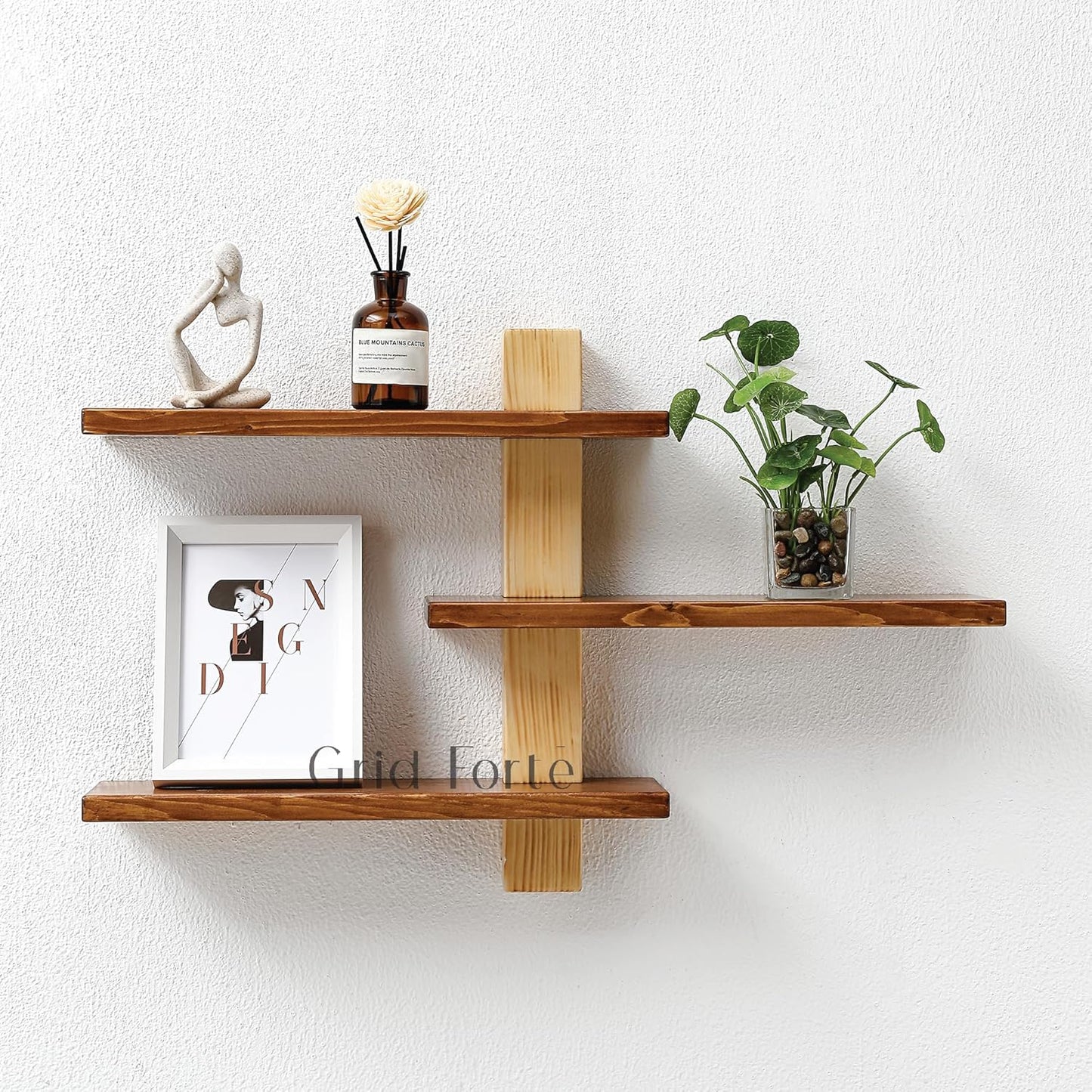 Wood 3 Tier Floating Shelf, Large Minimalist Wall Shelves, Mid Century Modern Furniture, Art Deco, Plant Rock Crystal Shelving for Bedroom Living Room Office Bathroom