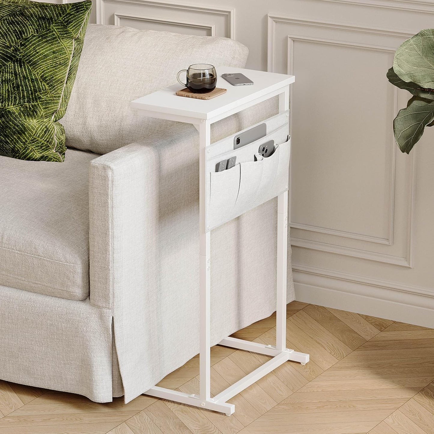 C Shaped End Table, Side Table for Sofa, Small TV Tray, Couch Table with Storage Bag for Small Space, Living Room, Bedroom, Home Office LET501W (White)