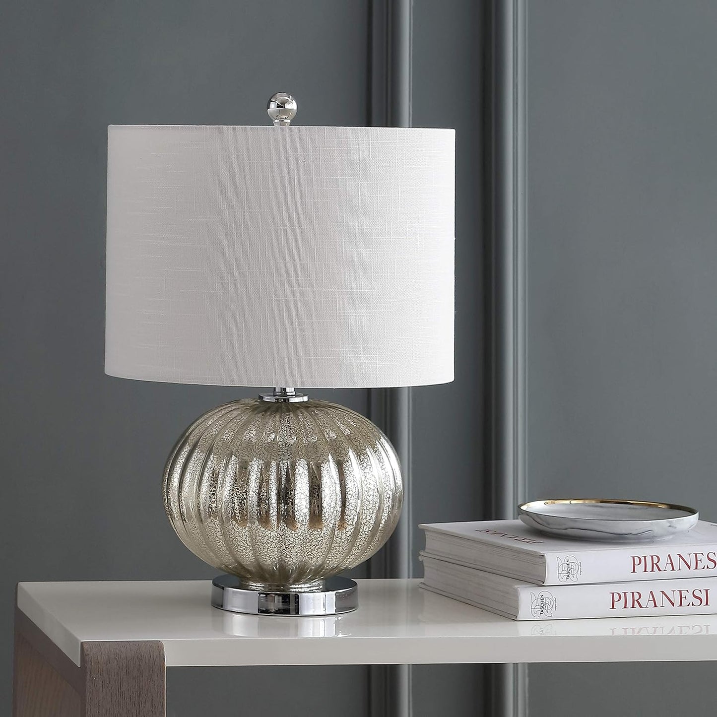 JONATHAN Y 21" Mercury Silver Ribbed Glass Table Lamp, Modern Transitional Bedside Lamp for Living Room, Bedroom, Nightstand, White Linen Shade, LED Bulb Included JYL4015A