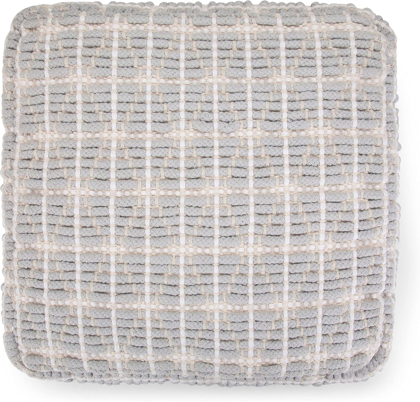 SIMPLIHOME Noreen Square Pouf - 18 inch Wide Upholstered Handwoven Cotton Ottoman in Light Blue and White, Boho Footstool or Extra Seating for Living Room with Polystyrene Filling, Assembled
