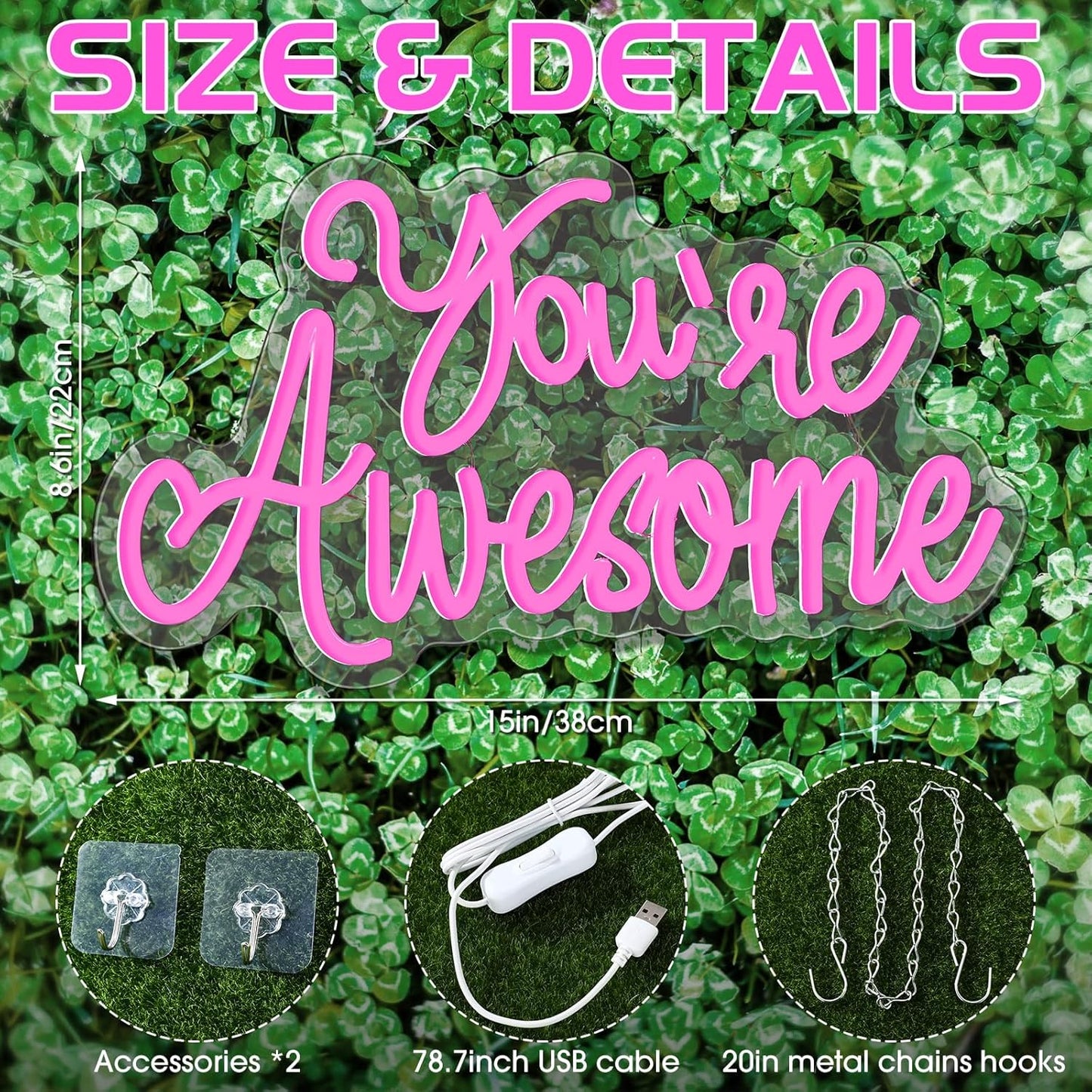 You Are Awesome Neon Signs Dimmable Inspirational LED Neon Lights for Wall Decor Pink USB Positive Quotes Light up Sign for Bedroom Wedding Birthday Classroom Home Office Bar Hanging Decor