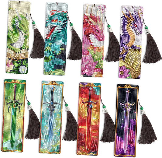 8 Pcs Dragon Sword Diamond Art Bookmarks Kit, Fantasy Diamond Painting Book Marks Kit with Tassels for Adults Beginners, DIY Bookmark Making Kit for Reading Men Boys Boook Lovers, Bookish Gifts