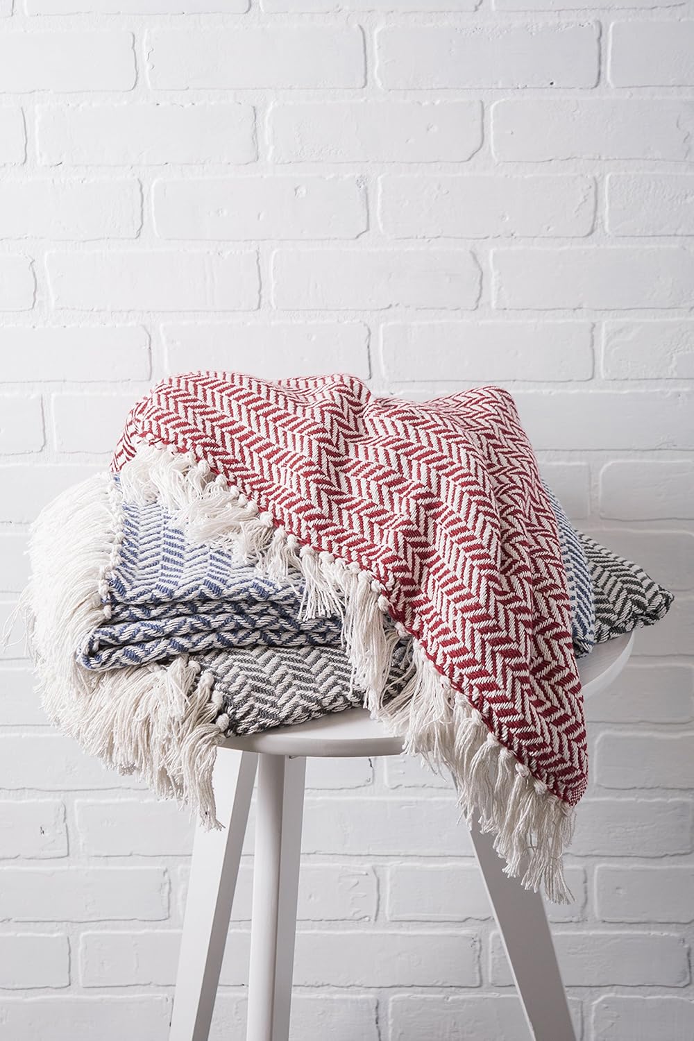DII Modern Farmhouse Cotton Herringbone Blanket Throw with Fringe for Chair, Couch, Picnic, Camping, Beach, & Everyday Use, 50 x 60 - French Blue