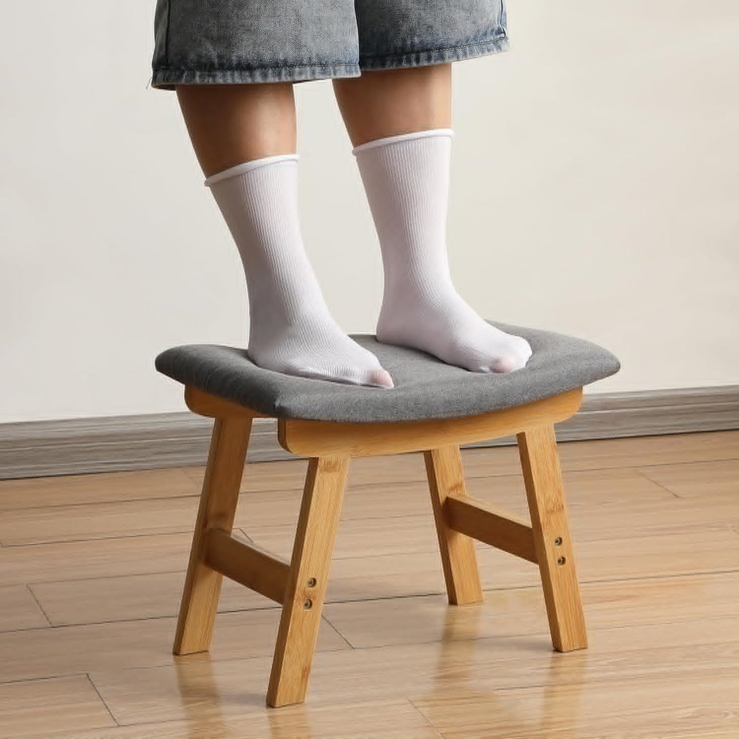 BAMBOO LAND- Bamboo Foot Stools Ottoman, Gray Cushion & Natural Wood Legs, Small Ottoman Foot Rest for Couch