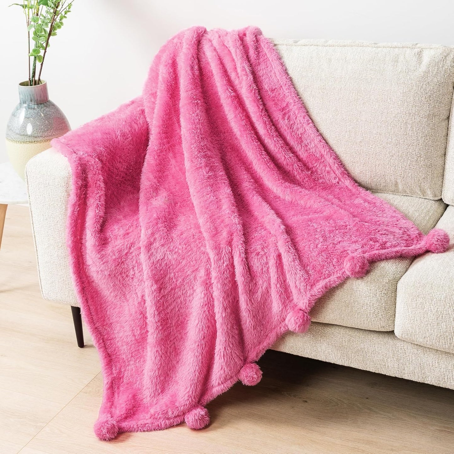 PAVILIA Pink Sherpa Throw Blanket for Couch, Warm Plush Pom Pom Blanket Throw Twin, Fuzzy Sofa Blanket Throw for Bed, Lightweight Soft Cozy Fluffy Blanket with Pom Poms, Hot Pink, 60x80