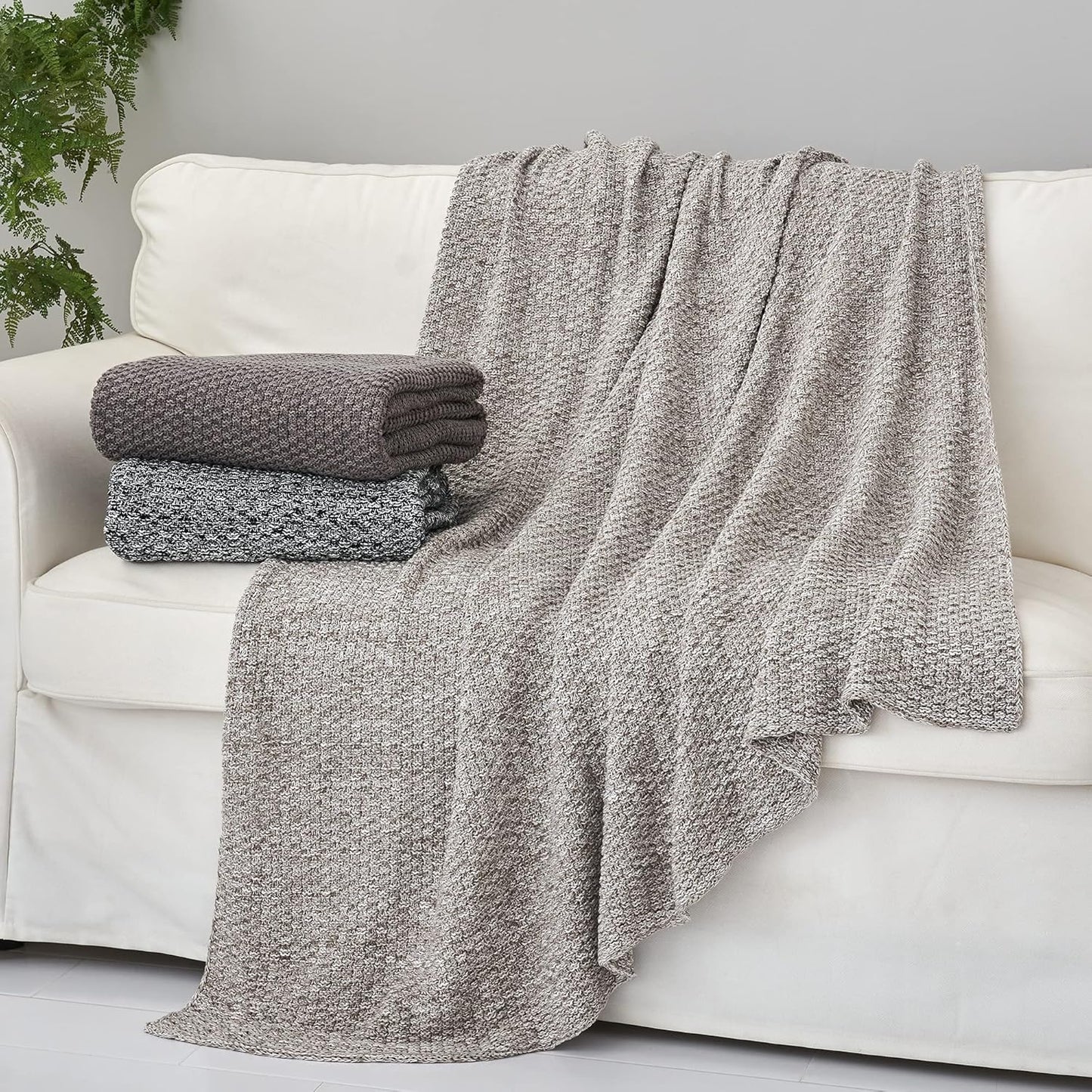 Longhui bedding Knitted Throw Blanket for Couch, Soft, Cozy Machine Washable 100% Cotton Sofa Blanket, Heavy 2.5lb Weight, Laundry Bag Included, Grey and White