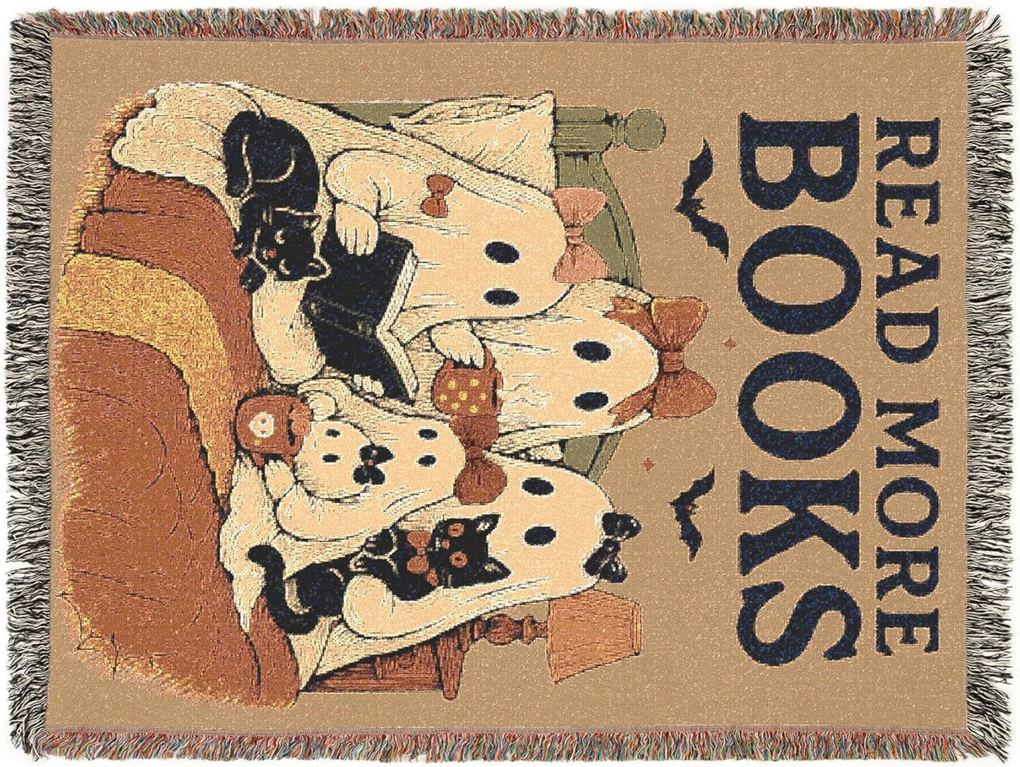 Read More Books Halloween Blanket – Ghost Book Lovers Woven Throw – Cozy Fall Blanket for Reading Nook or Gothic Decor