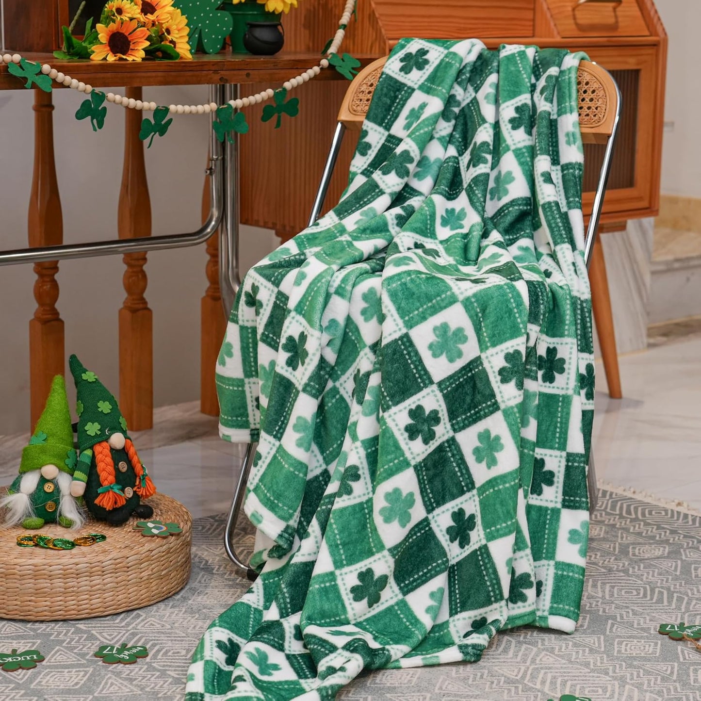 St. Patrick's Day Blanket, Green Shamrock Throw Soft Fuzzy Plush Cozy Fleece Blanket for Couch Sofa Bed, Irish Themed Home Decor Gift, 50 x 60 Inches