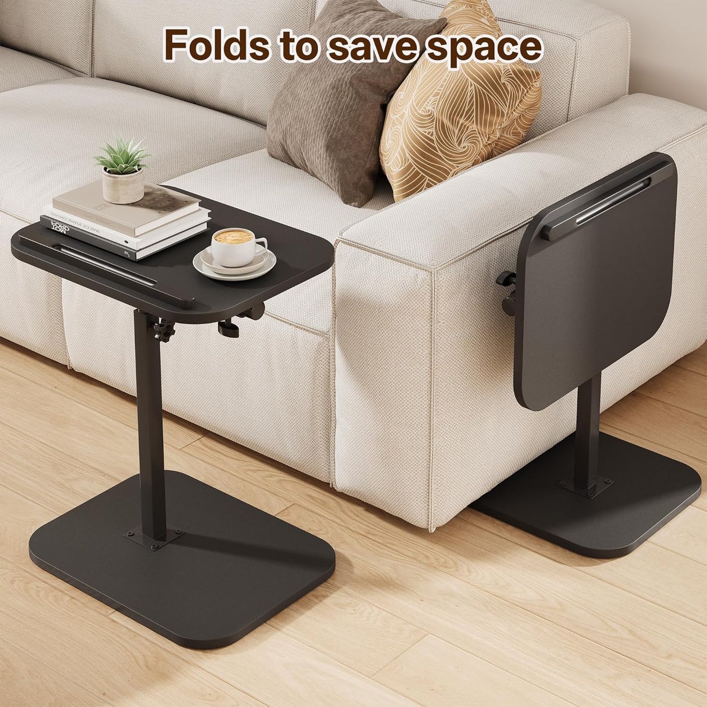 TV Tray Table, Adjustable Height, Flip-Top, Snack Side Table with 360° Swivel and 180° Tilt, C Shaped End Table for Couch, Sofa, Bed, Recliner, Black