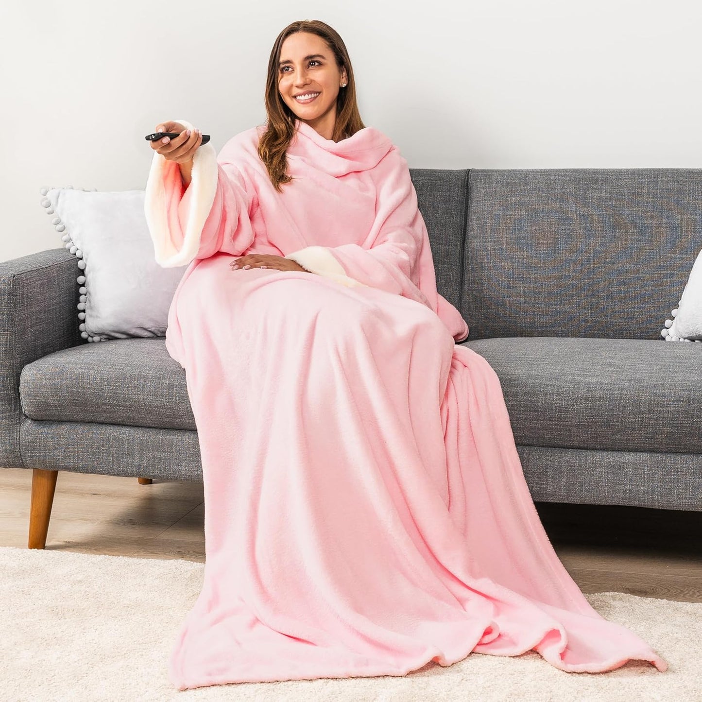 PAVILIA Fleece Blanket with Sleeves for Women Men Adults, Wearable Blanket Warm Soft Plush, Snuggle Pocket Sleeved TV Throw Wrap, Cozy White Elephant Gifts Ideas for Mom Wife, Light Pink