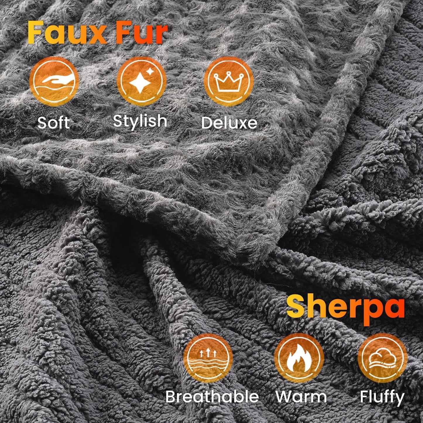 WOOMER Heated Blanket Queen Size 84" x 90", Electric Blanket with Dual Controls, 0.5-12 Hours Timer & 10 Heating Levels, ETL Certified, Dark Grey Rose Patterns Faux Fur & Sherpa, Machine Washable