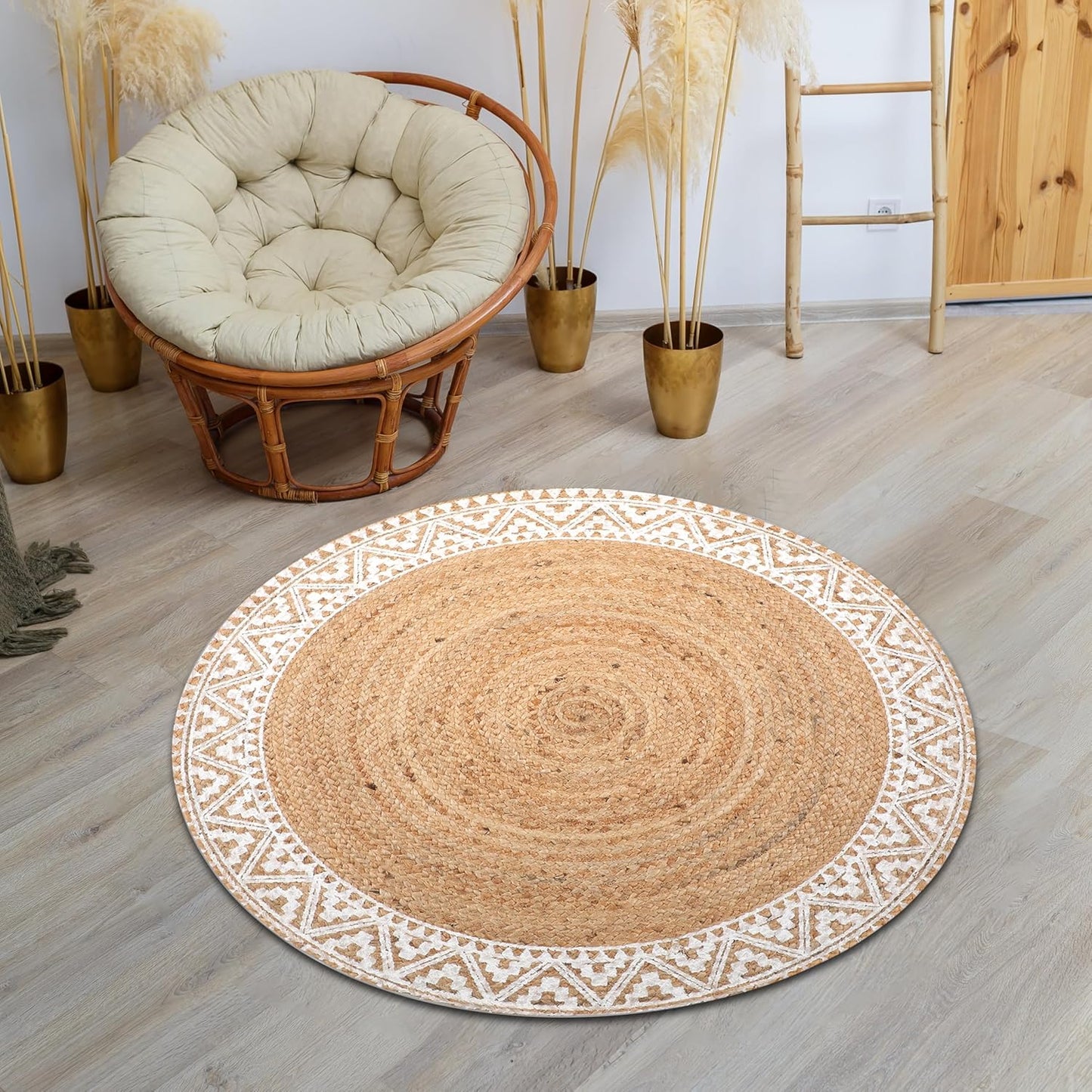 voyzz home Premium Natural Jute Braided Area Rug, 3-feet Round, White Printed Border, Stain Resistance, Natural Handmade Rug for Entryways, Living Room, Dining Room, Bedroom, Farmhouse, Kitchen