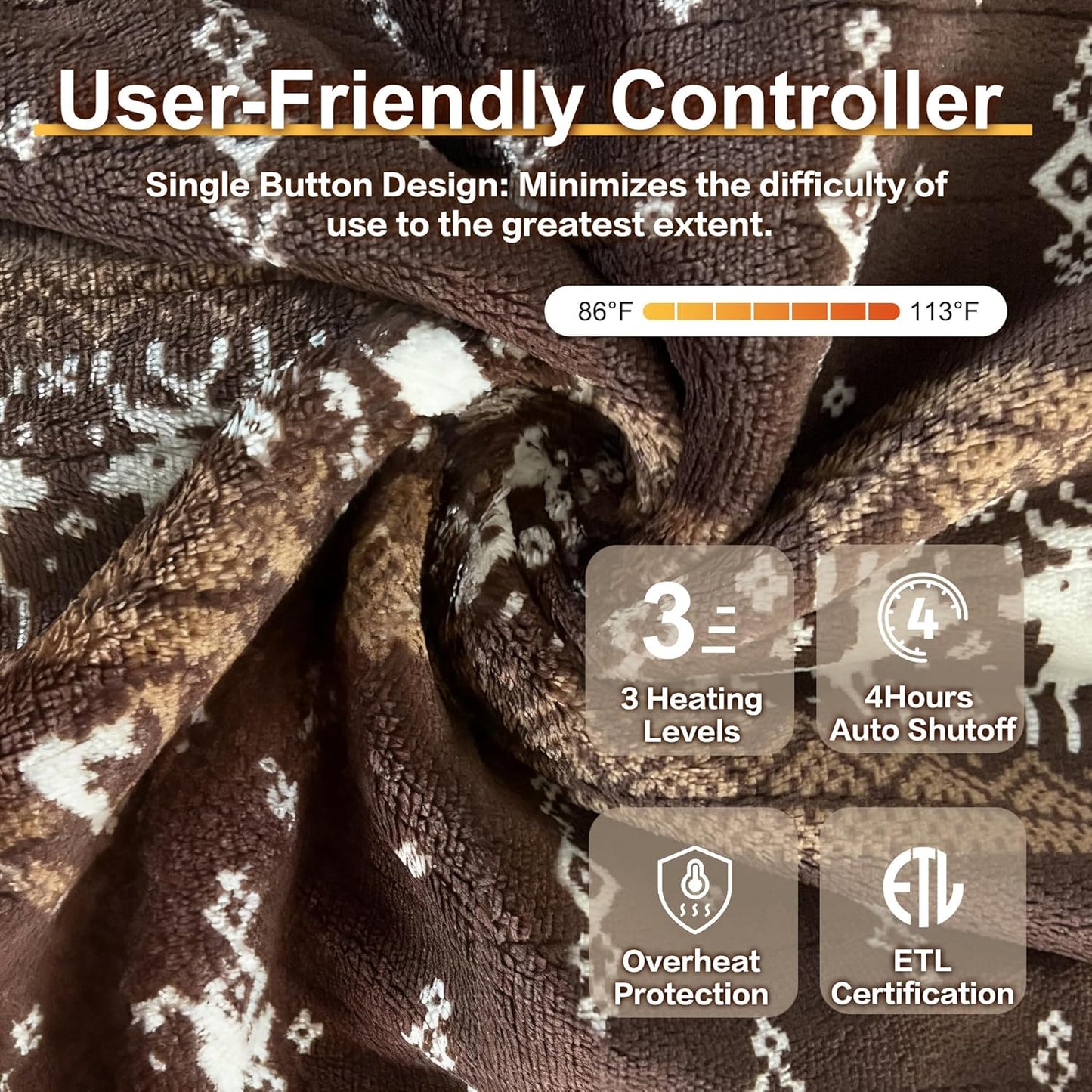 Gintao Electric Heated Blanket Throw,Double Flannel Electric Throw with 3 Heating Levels,ETL&FCC Certified, 4H Auto Off Overheat Protection,Heating Blanket for Home Office, 50"x60"Brown