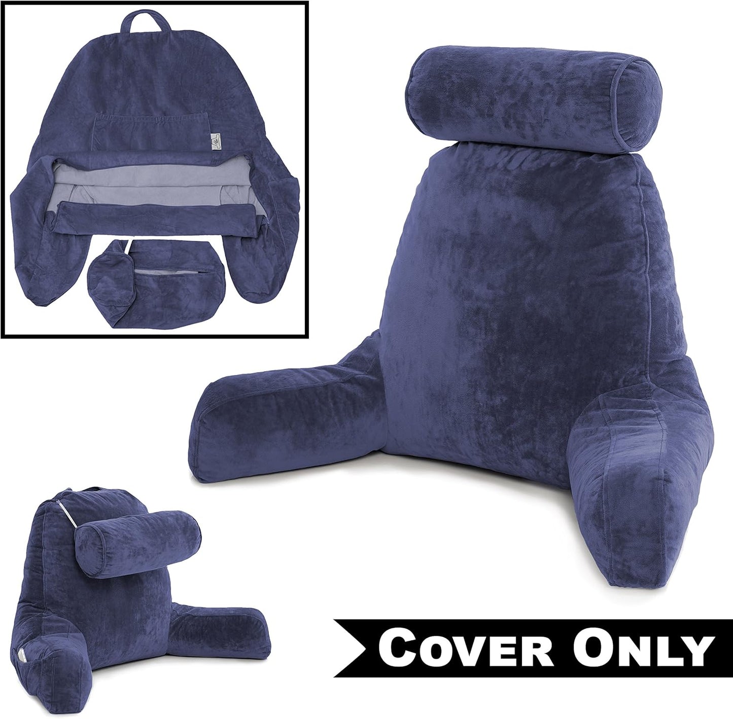 Husband Pillow XXL Cover Only Dark Blue, Cozy Microfiber Bed Rest Pillow Cover with Arms - Array of Colors - Generous Side and Back Pockets for Your Favorite Comfy Reading Pillow