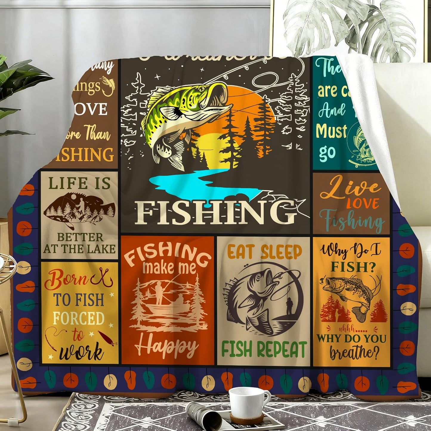 Fishing Blanket Fishing Gifts for Men,Funny Fish Stuff Blanket and Throws Fish Gifts for Fisherman Kids Women Boys Dad 60"X50"
