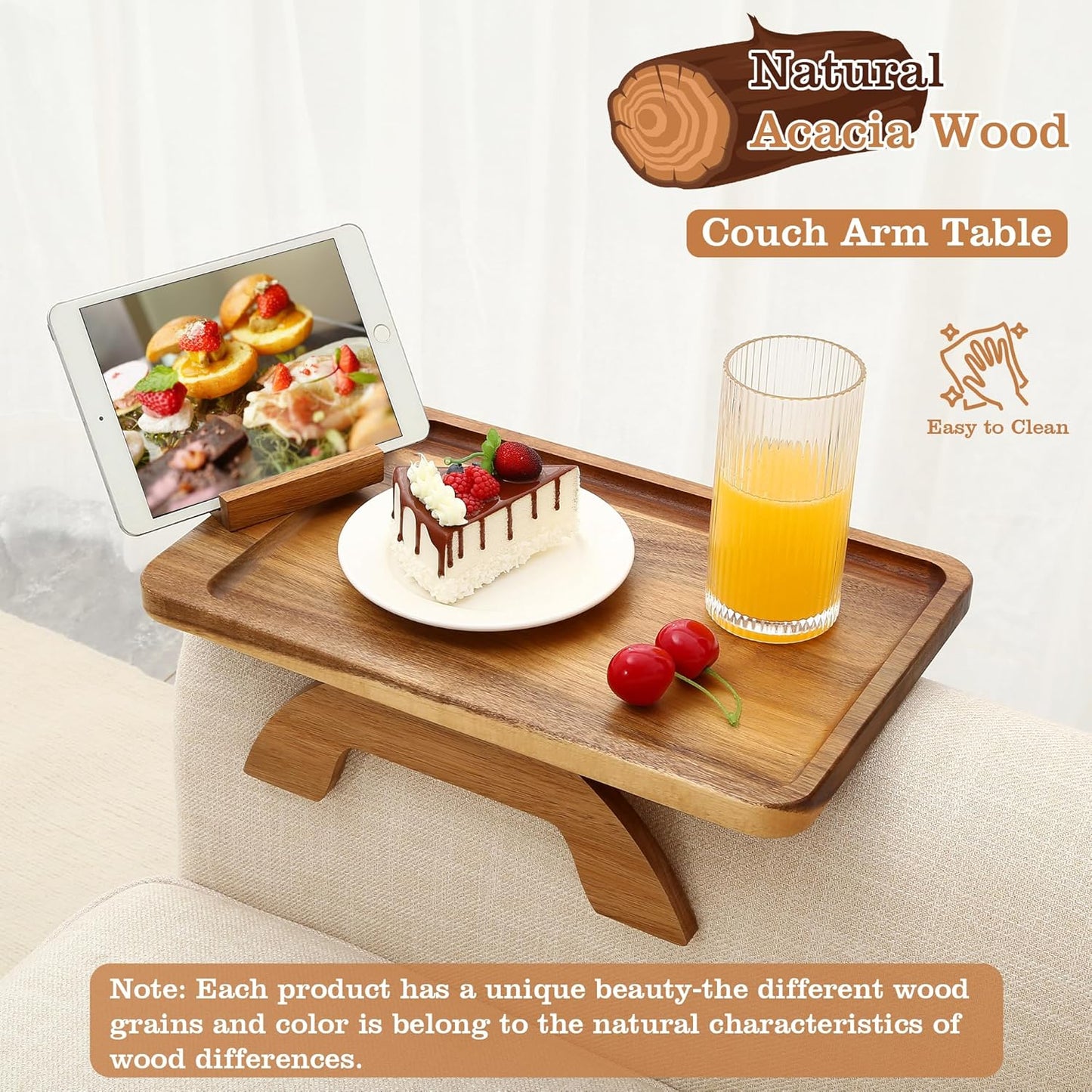 Acacia Wood Couch Armrest Table,Sofa Arm Tary Table for Living Room,Sofa Armrest Tray with Rotated Phone Holder,Clip on Arm Rest Tables for Couch,Foldable Side Tables Serving Trays for Eating&Drinking