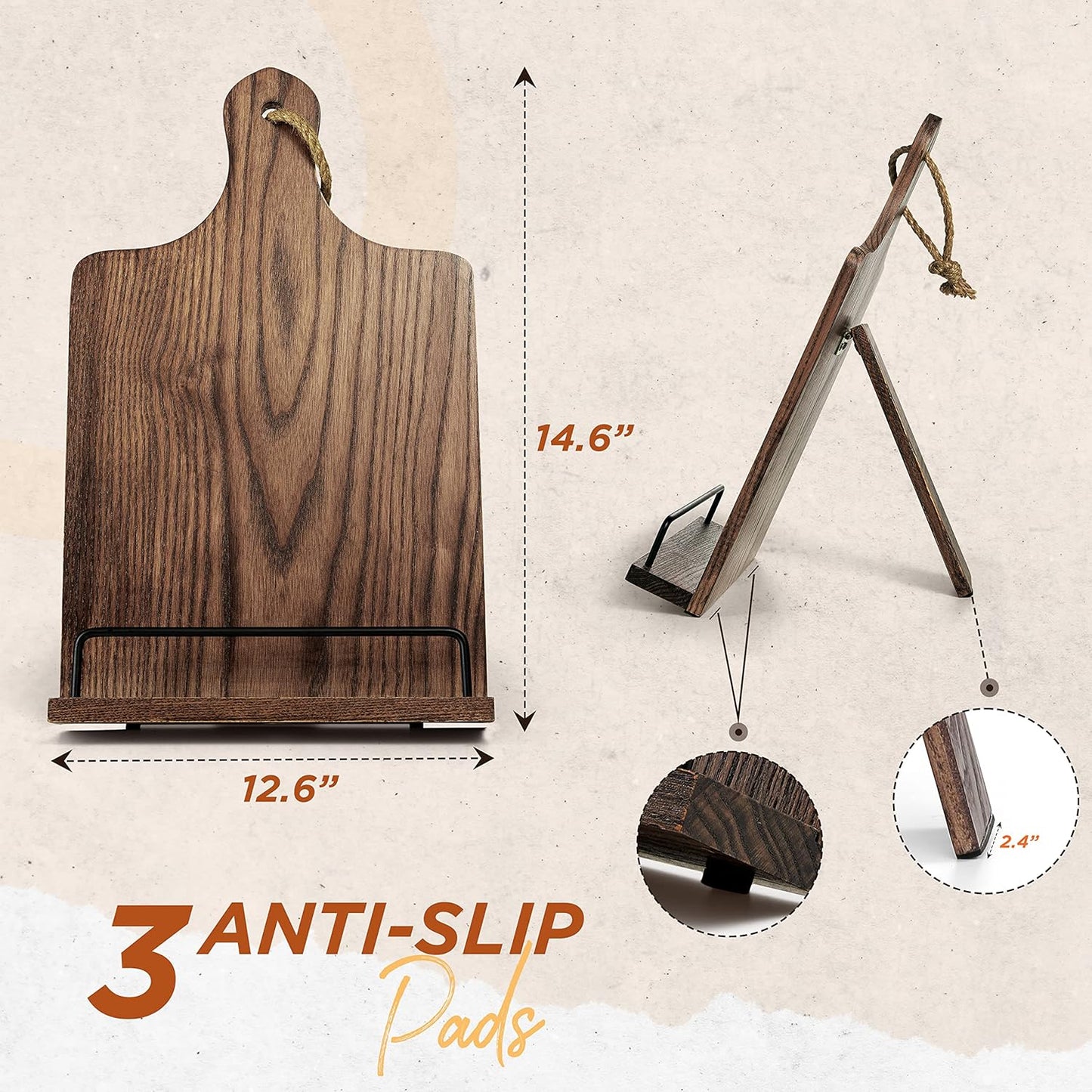 Cookbook Stand, Rustic Wood Cookbook Holder Cutting Board Style, Adjustable Recipe Ipad Tablet Book Holder and Stand for Kitchen with Anti-Slip Kickstand (Dark Brown)