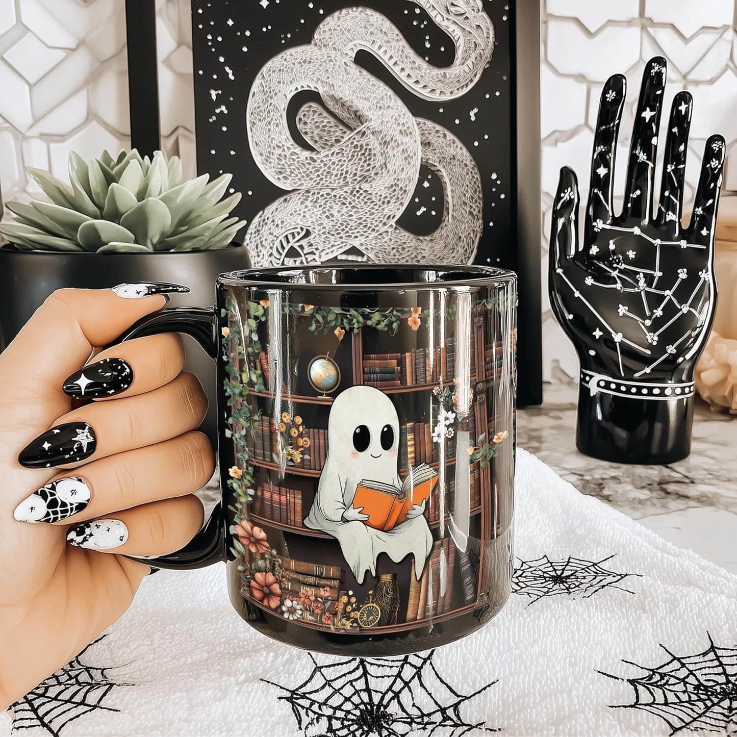 Cute Ghost Reading Mug Gifts on Birthday, Christmas, Funny Book Lover Coffee Mug For Readers, Bookish Decor for Women, Just One More Chapter, Book Club Gifts 11oz Black Ceramic Tea Cup
