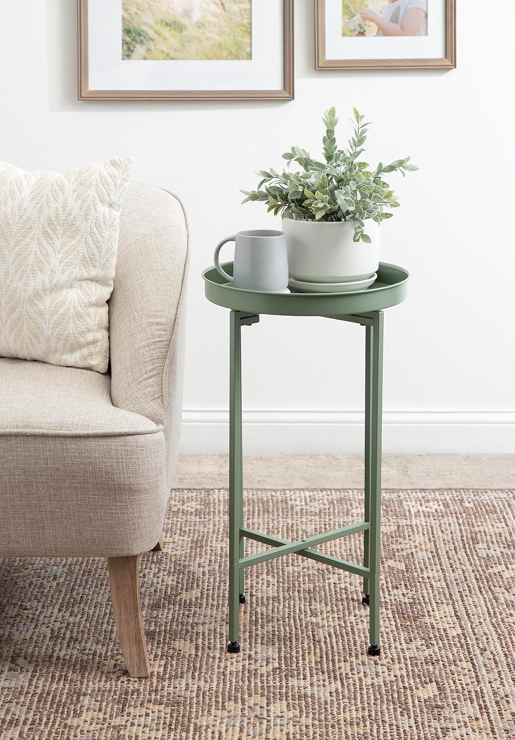 Kate and Laurel Celia Round Metal Foldable Accent Table; 15 x 26; Green; Transitional Small Side Table with a Removable Magnetic Tray Tabletop and Space-Saving Folding Base