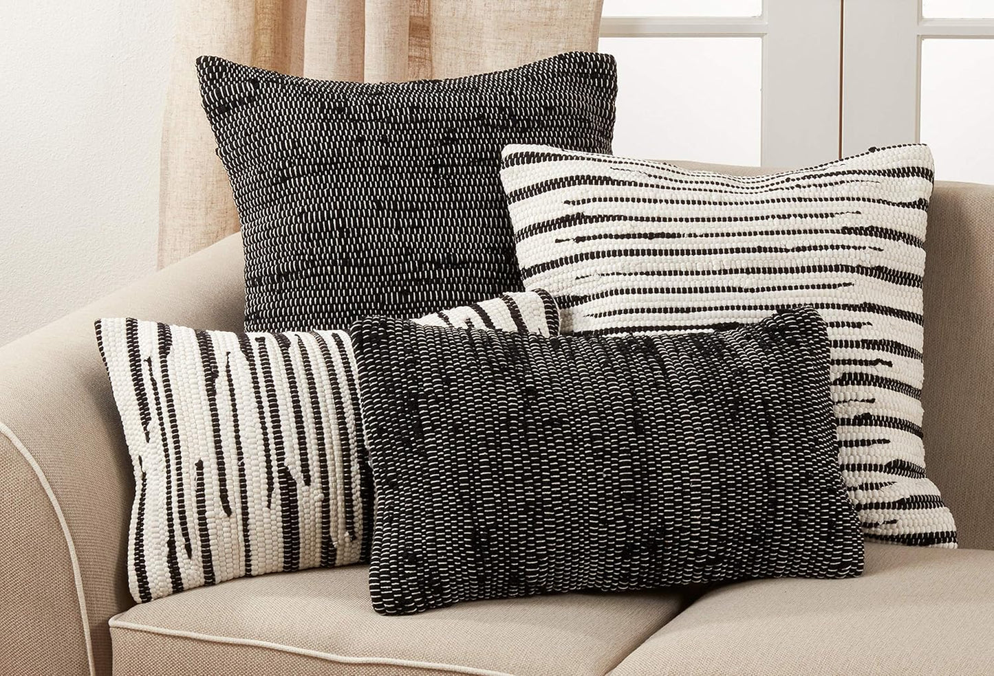 SARO LIFESTYLE Noir Collection Chindi Throw Pillow with Down Filling, 22", Black
