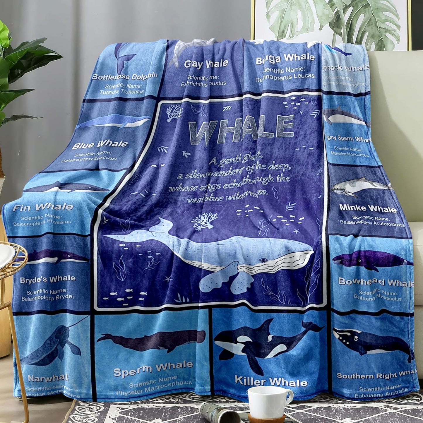 Whale Blanket, Super Soft Cozy Blue Whales Blanket, Twin Size Ocean Animals Fleece Blanket, Throw Blanket for Baby Kids Adults (Whale 4, 48"x60")