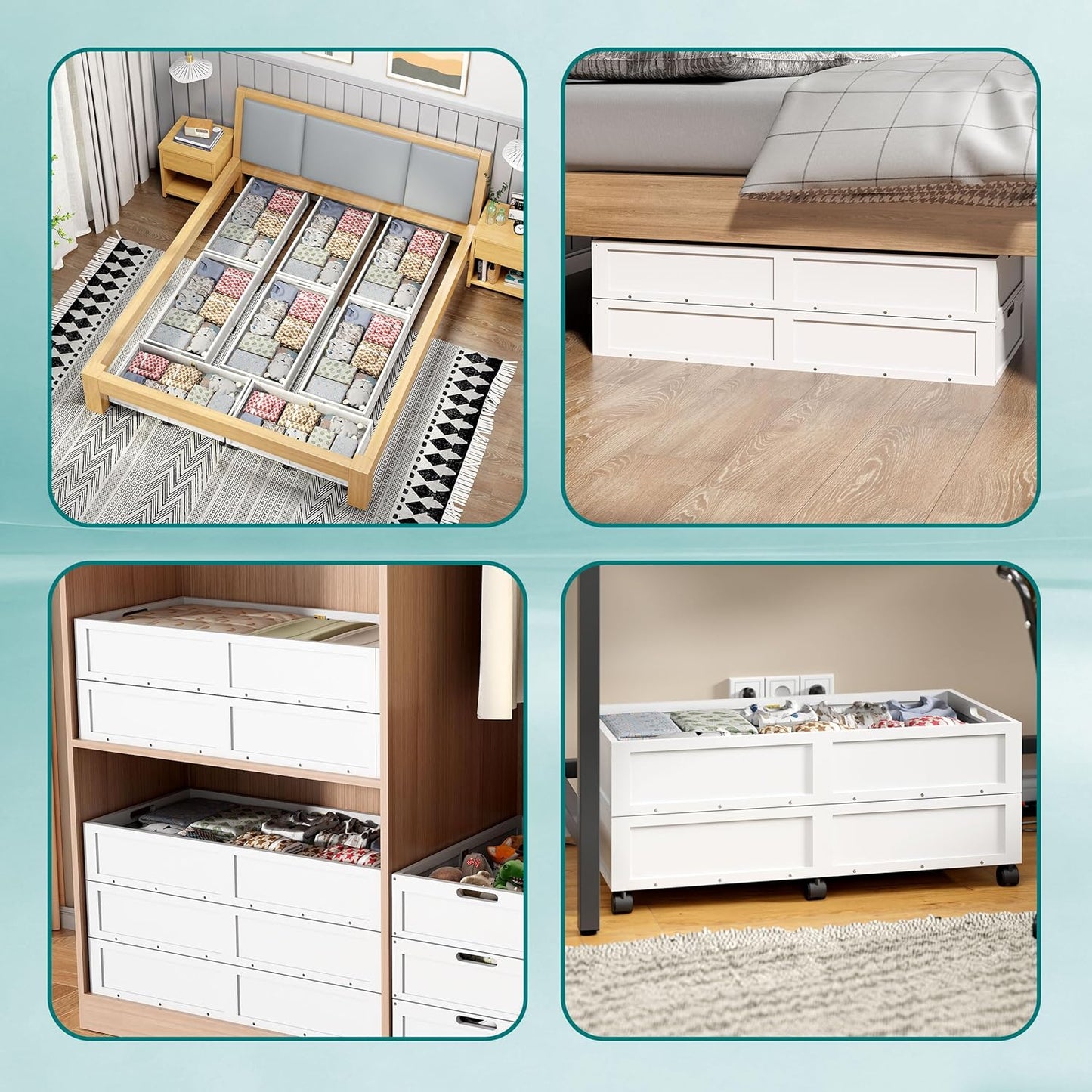 Wood Under Bed Storage Containers Underbed Organizer with Wheels Sturdy Wood Rolling Under Bed Shoe Storage Organizer 2 Packs (White, Large)