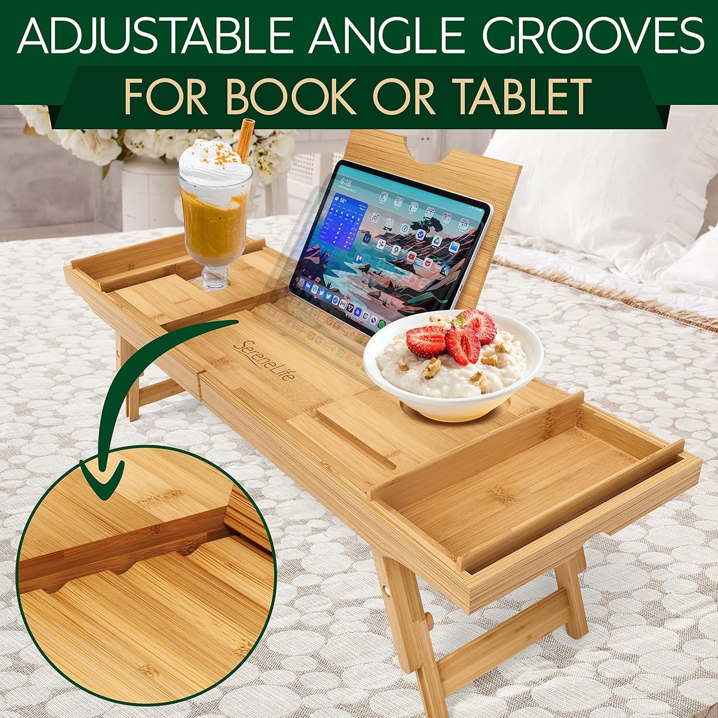SereneLife Bath Caddy Breakfast Tray Combo - Natural Bamboo Wood Waterproof Tub and Bed with Folding Slide-Out Arms, Device Grooves, Wine Glass Soap Holder