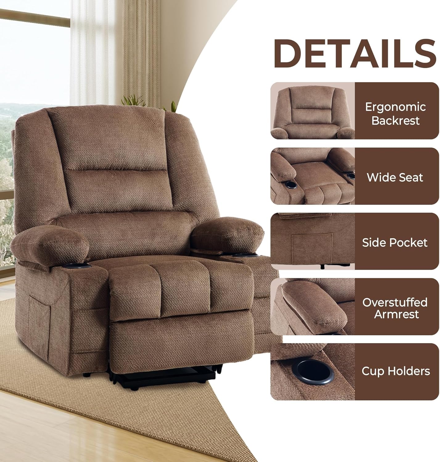 Overstuffed Fabric Electric Massage Recliner Chair for Elderly People with Heat with USB Port Cup Holder Brown Power Lift Recliner Chair for Seniors Adults