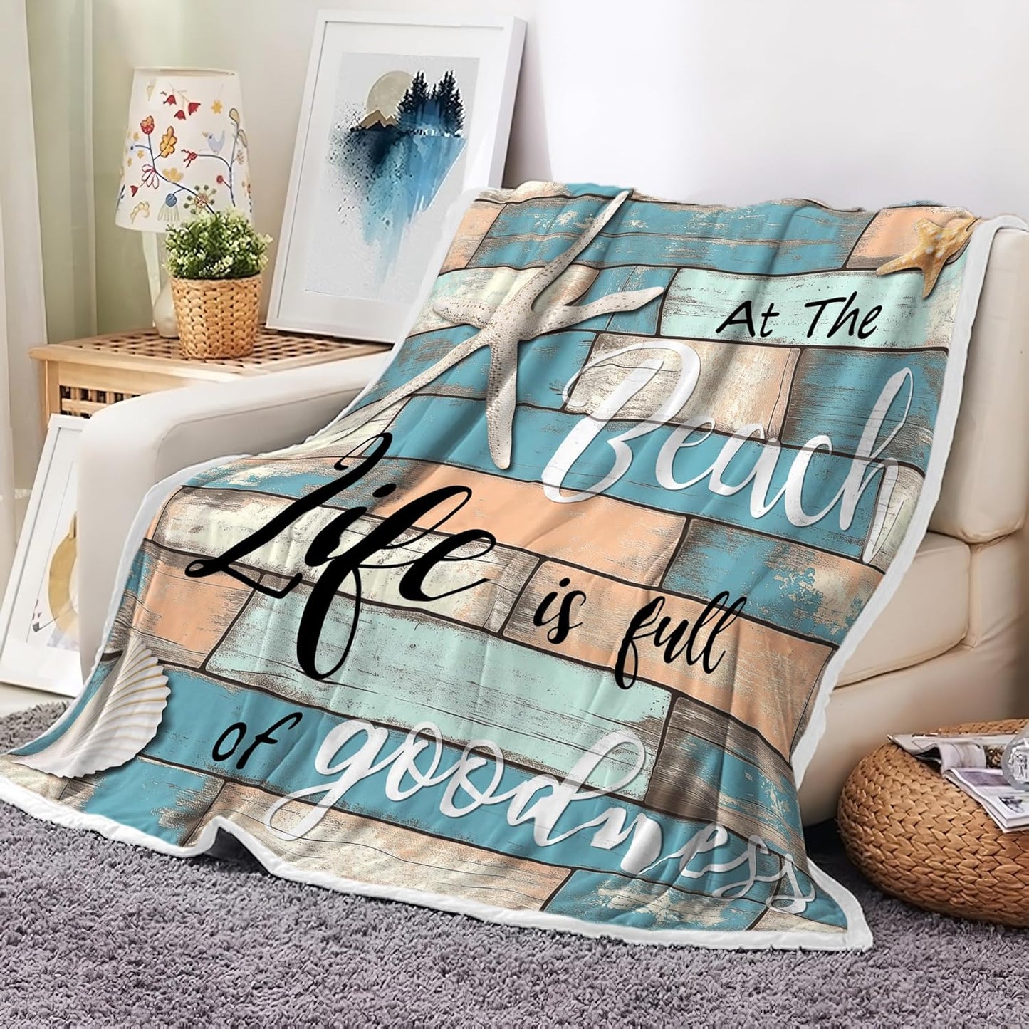 JAWO Beach Throw Blanket, Rustic Vintage Wood Ocean Quote Words Flannel Blanket for Couch Bed Sofa Chair Home Decor, Nautical Coastal Theme Blanket, Cozy Warm Soft Blankets, 50x60 Inch