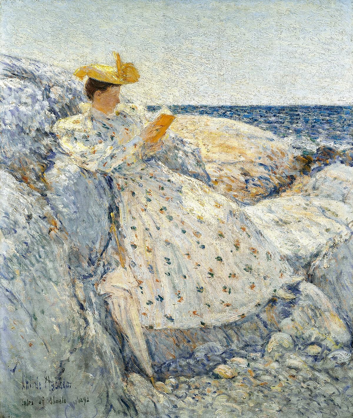 Summer Sunlight Isles of Shoals Woman Reading on Seaside Rocks 1892 Impressionism Painting By Childe Hassam 16"X20" Image Size on CANVAS Fine Art Print Poster Shipped Rolled-up